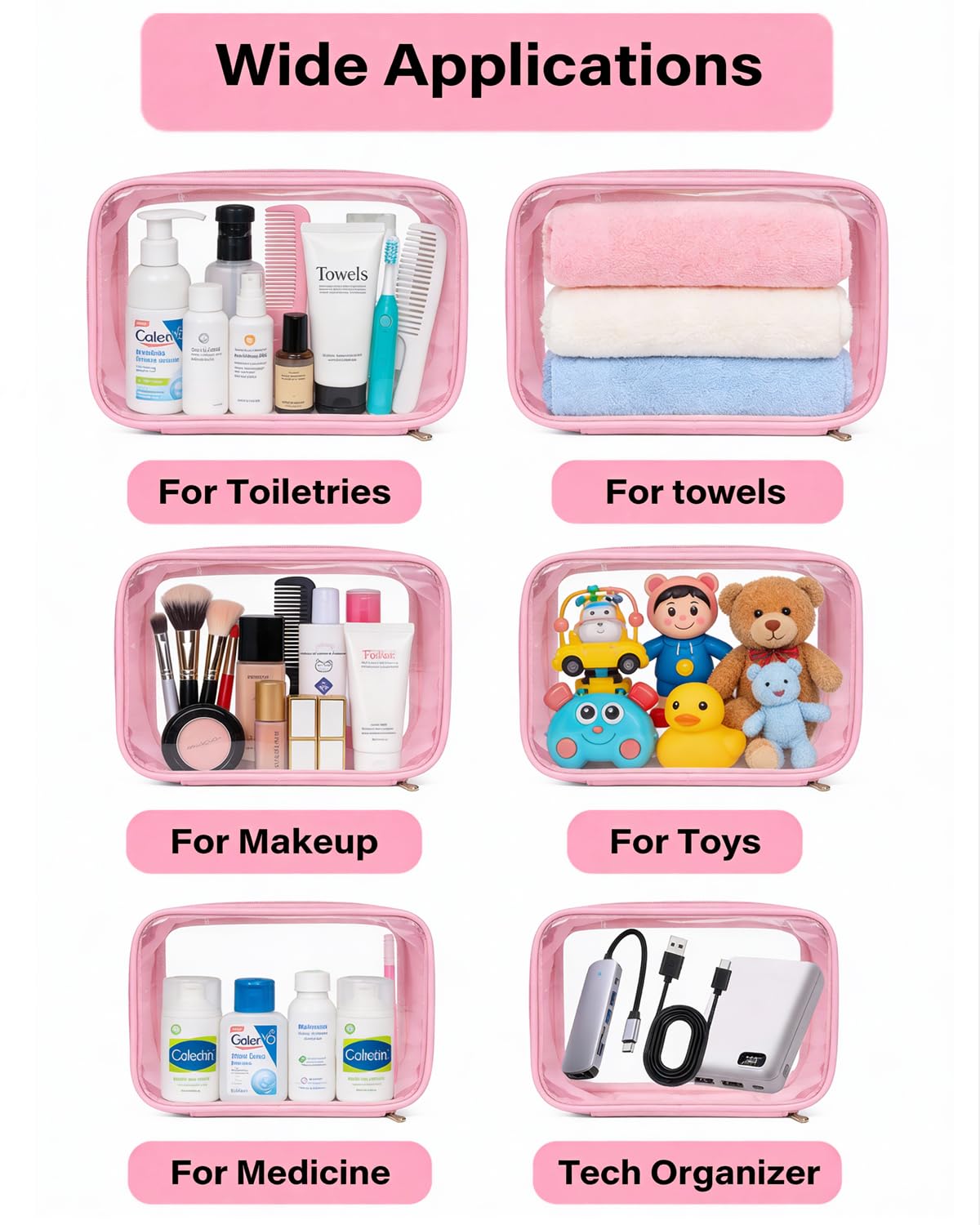FFpaw Travel Clear Makeup Bag Set for Women, 3 Pack Travel Size Toiletry Bag with Zipper Small Makeup Pouch for Purse Waterproof Portable Cosmetic Case Compact Car Organizer Storage Bag (Pink Set)