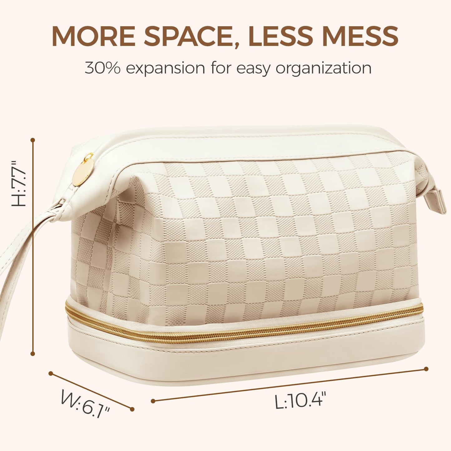 Hairao Large Makeup Bag for Women, Double Layer Travel Makeup Bag with Brush Compartment, Waterproof PU Leather Cosmetic Bag, Checkered Toiletry Bag Makeup Organizer for Skincare & Toiletries, Beige