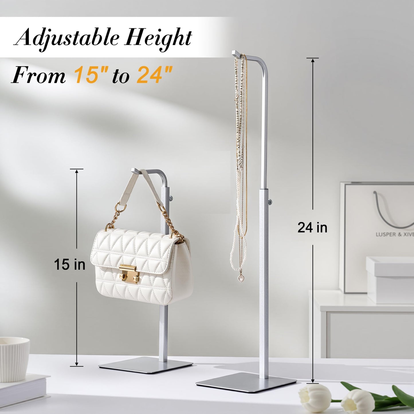 Josmimic 2 Pack Purse Holder Handbag Display Stand: Silver Hanger Rack for Bags, Purses, and Wreath, Adjustable Hook Stand for Tabletop, Closet, and Retail Use for Vendors