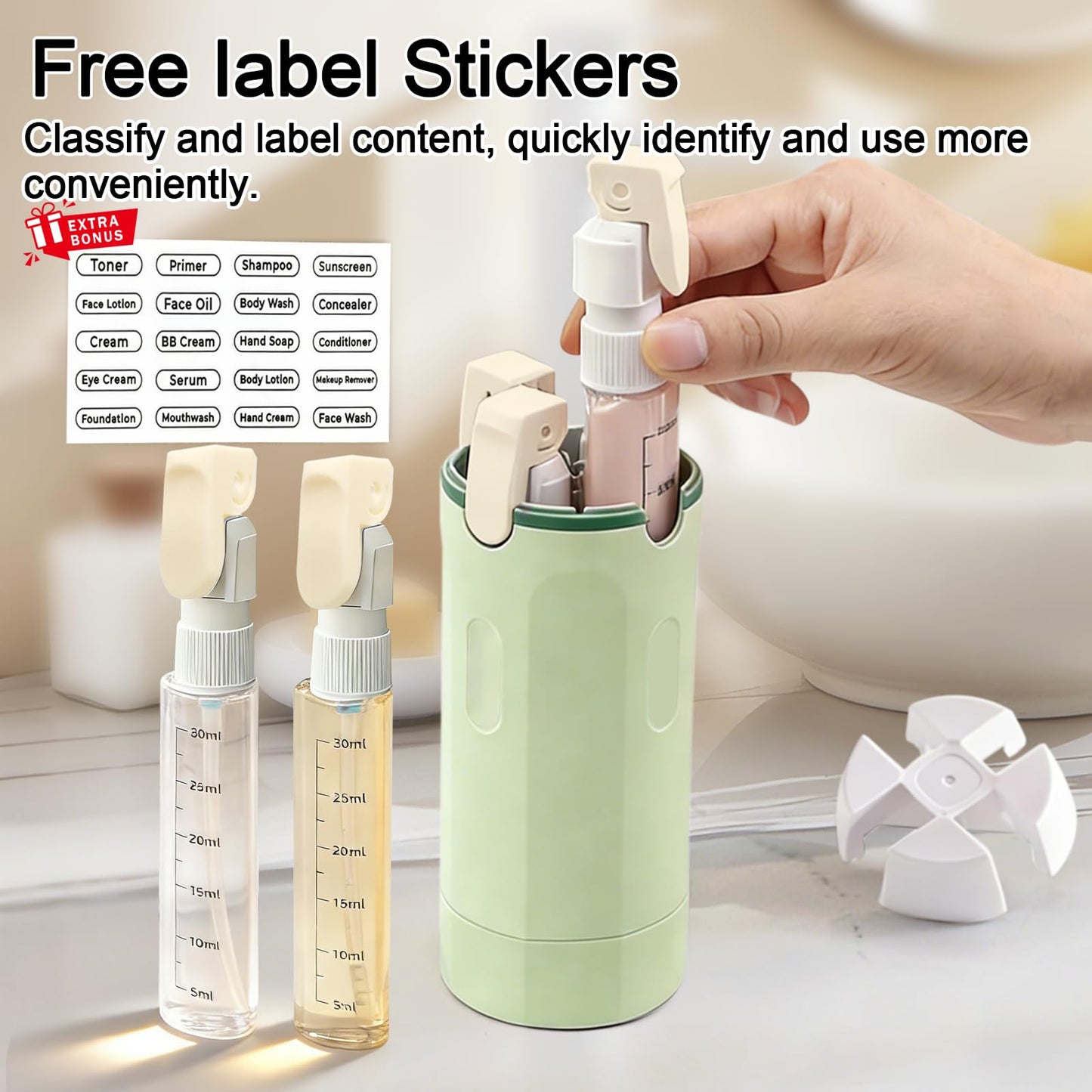 HSXCCL 4 in 1 Travel Dispenser Bottles Refillable,Travel Shampoo and Conditioner Bottles，No Spill Space Saving Compact,for Vacation Business Trip