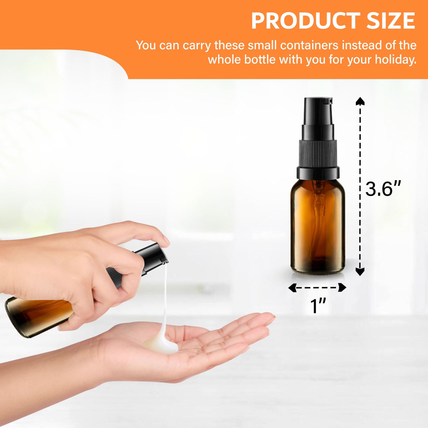 VitalUp 6 Pack, 3 30ml (1oz) & 3 15ml (0.5oz) Empty Refillable Glass Amber Pump Bottle Ideal for Lotion Cream Essential Oil Travel Small Container, Convenience Pack