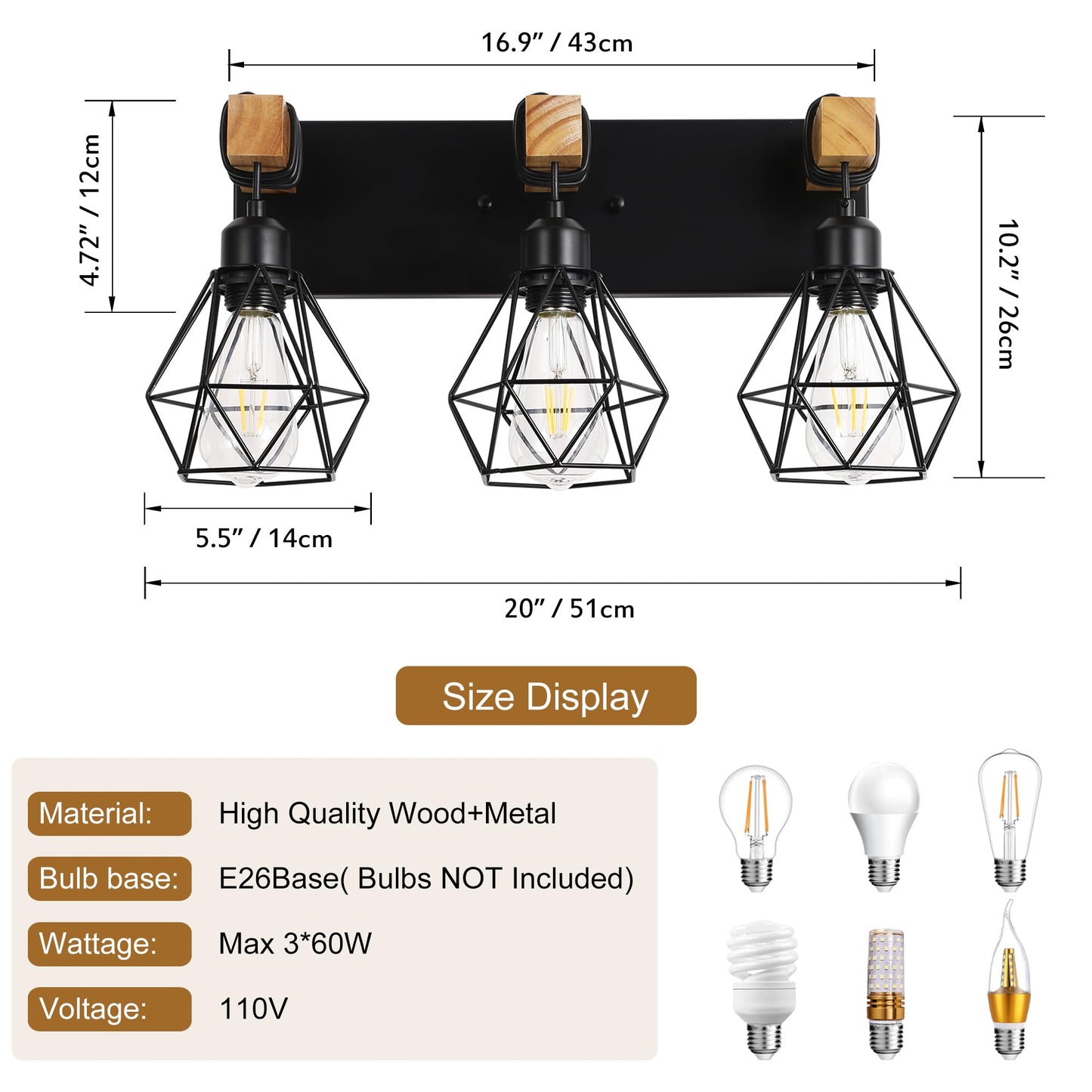 Farmhouse Vanity Light for Bathroom, 3-Light Wood Bathroom Vanity Light Fixtures Over Mirror, Black Rustic Sconces Wall Lighting with Metal Lampshade for Living Room, Bedroom, Hallway