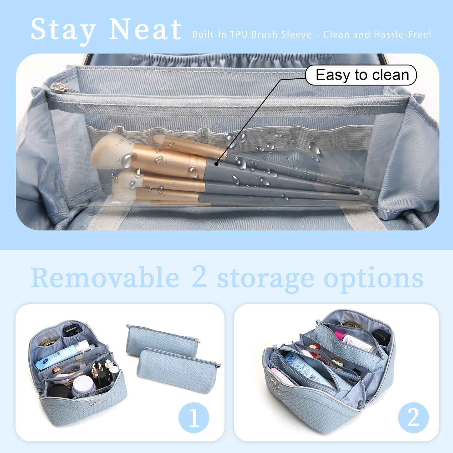 BOYATU Travel Makeup Bag Cosmetic Bags for Women: Large Capacity 3 Pcs Set Make up Bag with Compartments - Waterproof Vegan Leather Toiletry Organizer Bags with Handle (L04 Light Blue)