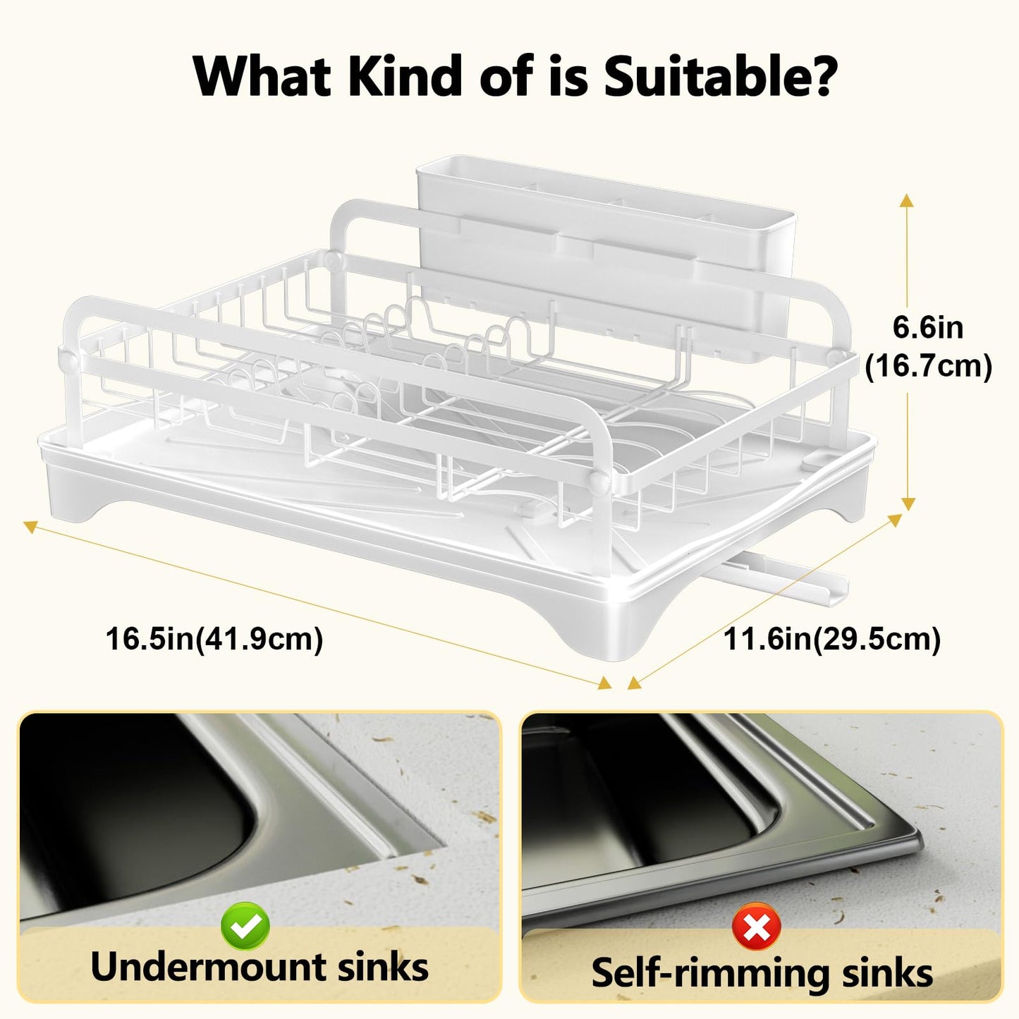 LIYI Dish Drying Rack for Kitchen Counter - Kitchen Dish Rack with Drainboard, Small Dish Drainer with Utensil Holder for Sink, 16.5" D x 11.6" W x 6.6" H, White