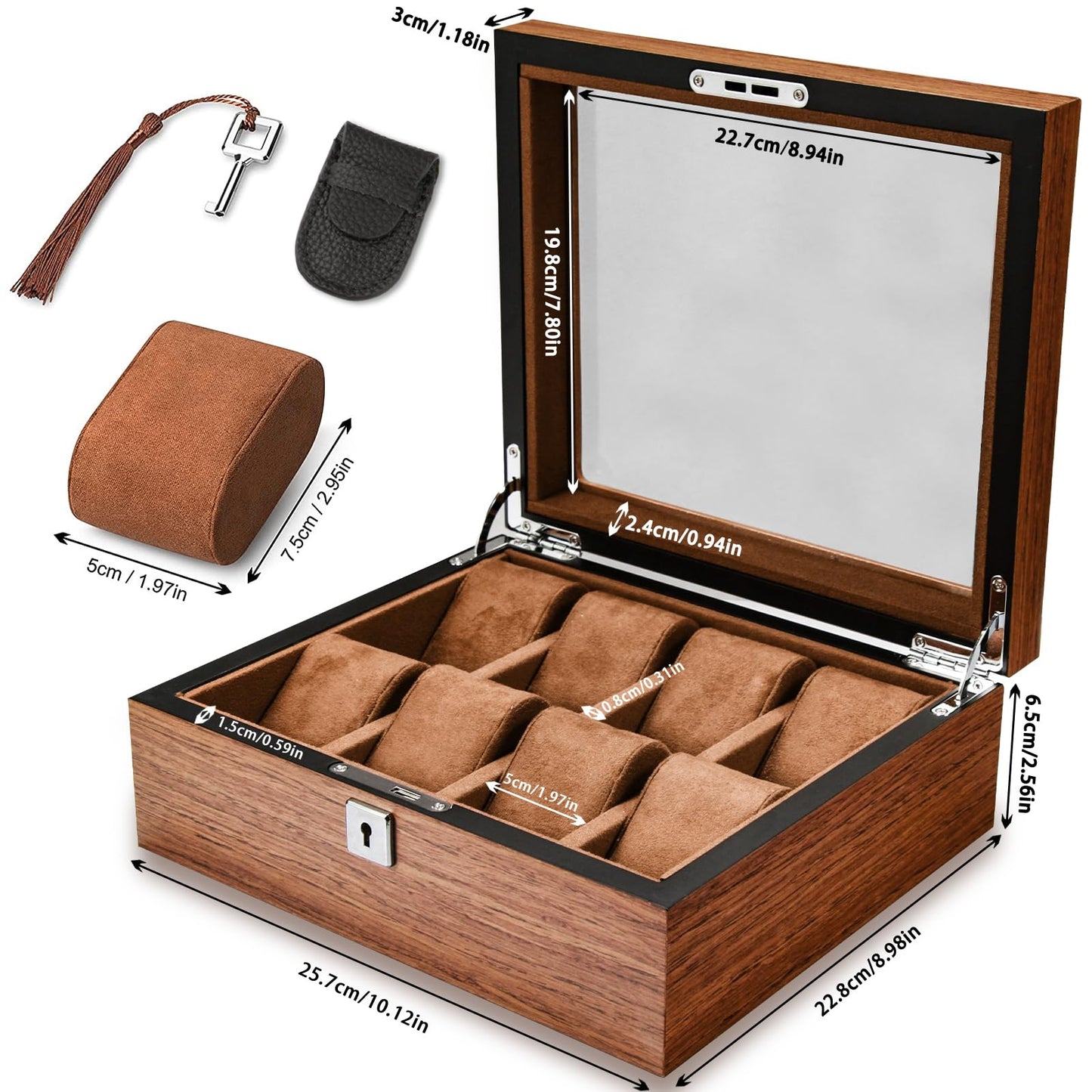 RoYiio 8 Slots Wood Watch Box for men, Watches Storage Box with Glass Lid & 8 Removable Velvet Pillow, Premium Watch Case Men Girls Father's Day Gift