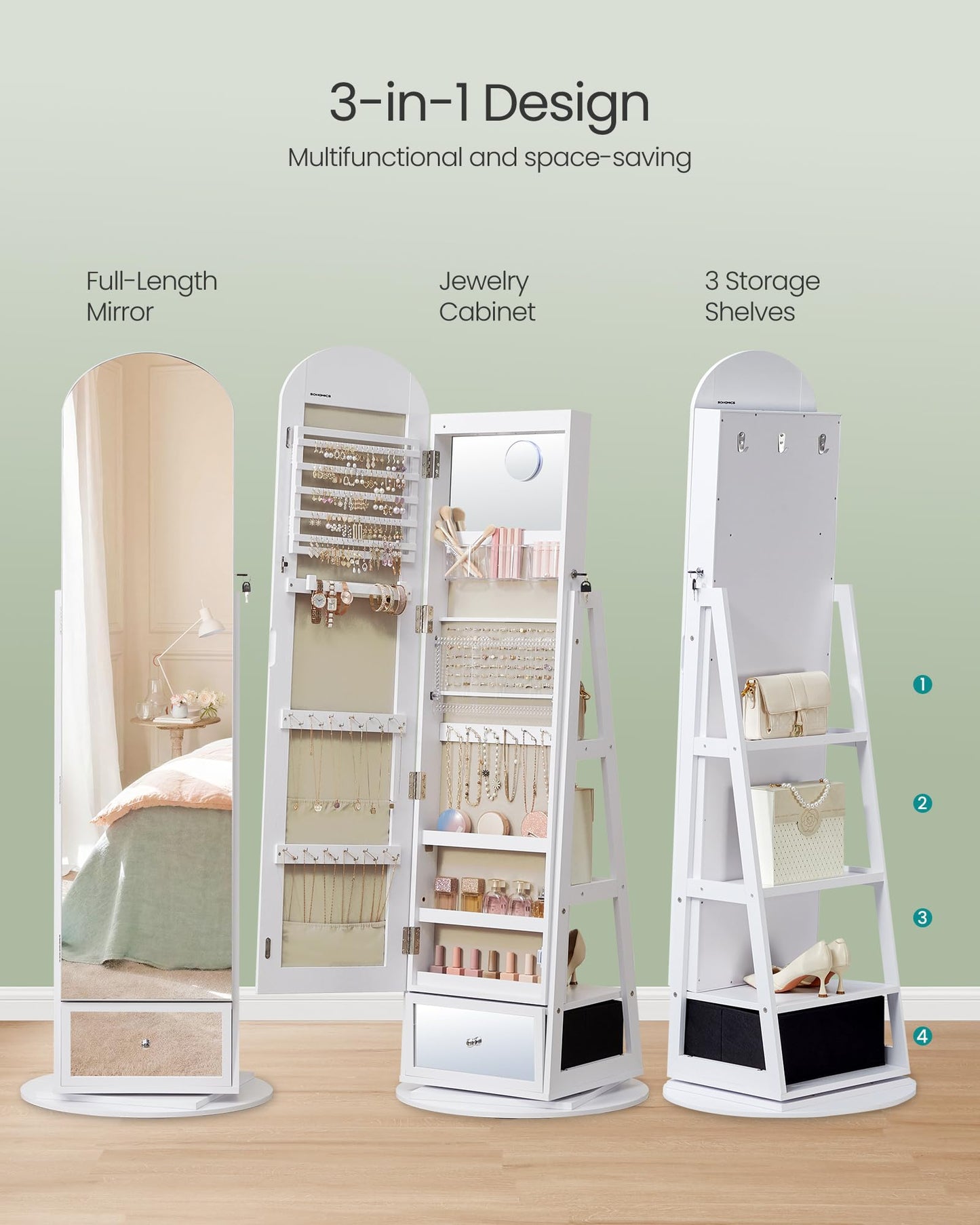 SONGMICS 360° Swivel Jewelry Cabinet, Full-Length Arched Mirror with LED Lights, Magnifying Mirror, Storage Shelves, Drawer, Cloud White UJJC030WB01