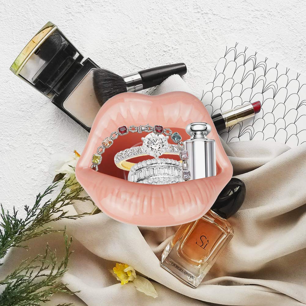 Trycooling Ceramic Red Lips Lipstick Ring Holder Jewelry Tray Rack Decorative Cosmetic Storage Display Holder Desktop Hairpin Storage Organizer Birthday Choice (Pink)