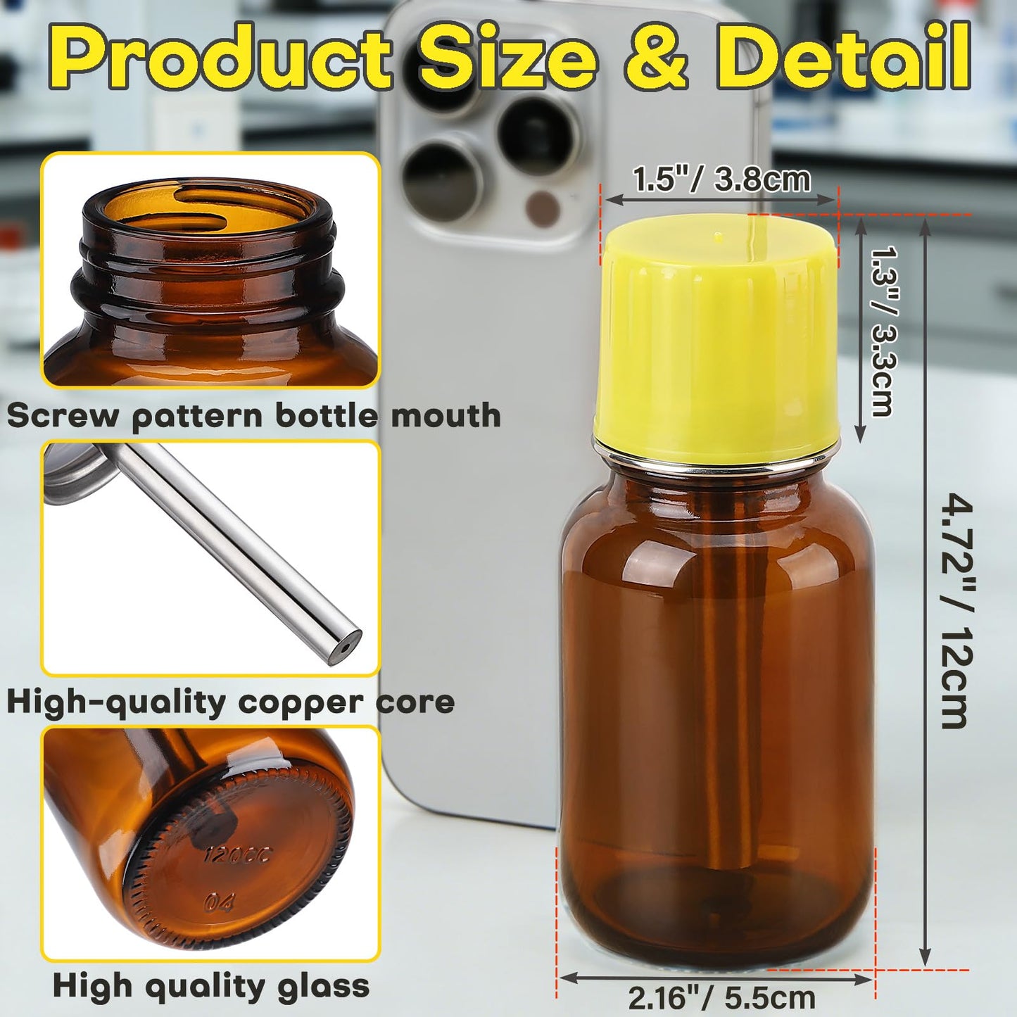 2Pcs 4Oz / 120ml Amber Glass Dispenser Bottles with Lid, Leakproof Acetone Dispenser Pump for Industry, Push Down Glass Alcohol Bottle with Copper Core, Empty Refilllable Liquid Container for PFA/LDPE