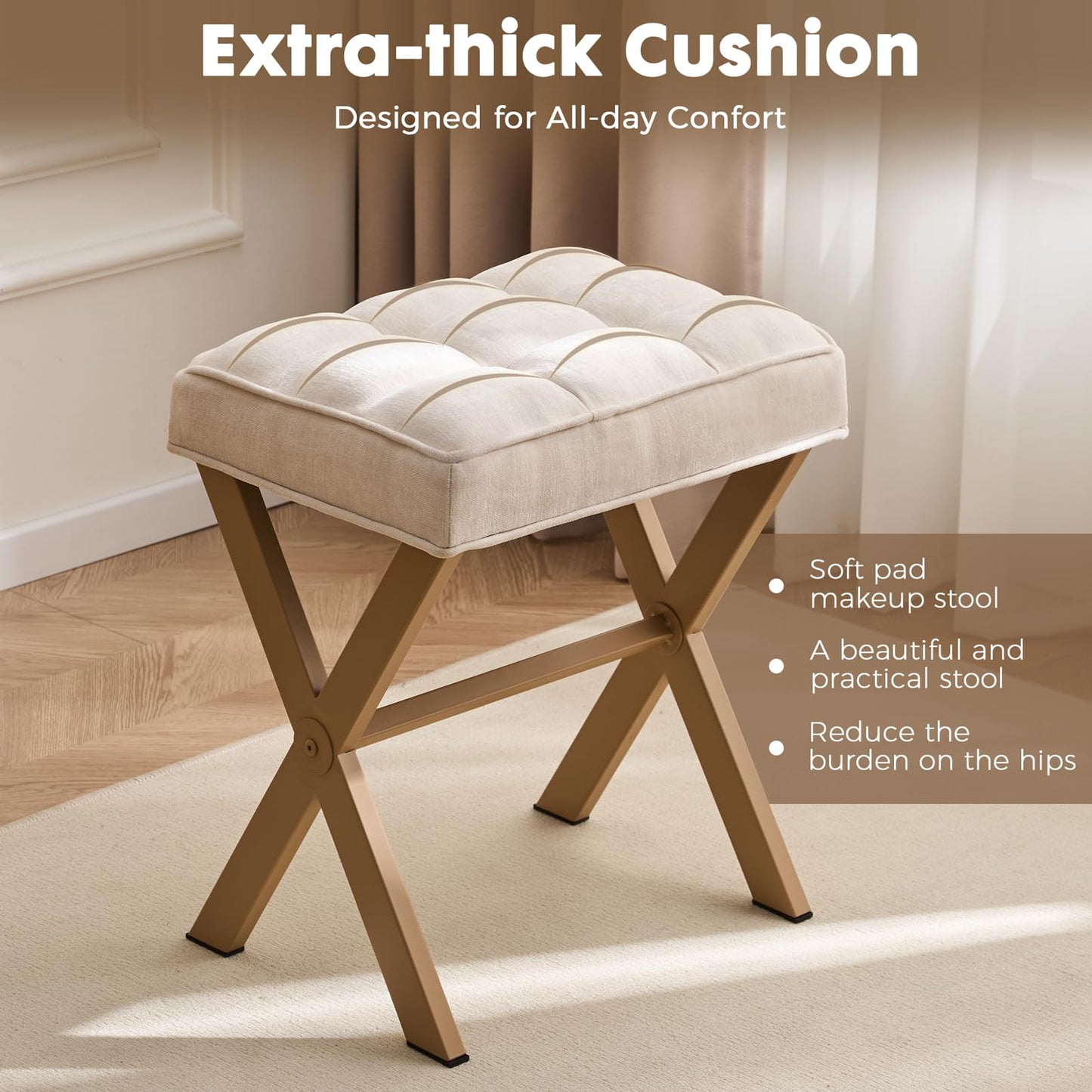 OUSADOU Upholstered Vanity Chair with Metal X-Legs & Soft Linen Fabric - Modern Square Foot Stool Ottoman,Versatile Seat and Footrest for Makeup, Living Room, Bedroom & Entryway(X-Yellow-White)