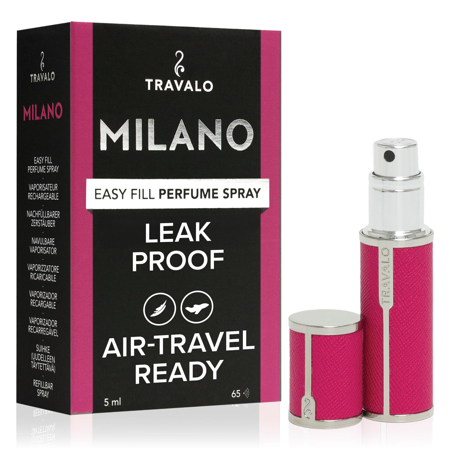 Travalo Milano Perfume Atomizer - Leak-Proof and TSA Approved for Air Travel - Reusable, Airtight, Easy Fill Mini Pump Sprayer - Lightweight Vegan Leather with Polished Metal Outer Shell - Hot Pink
