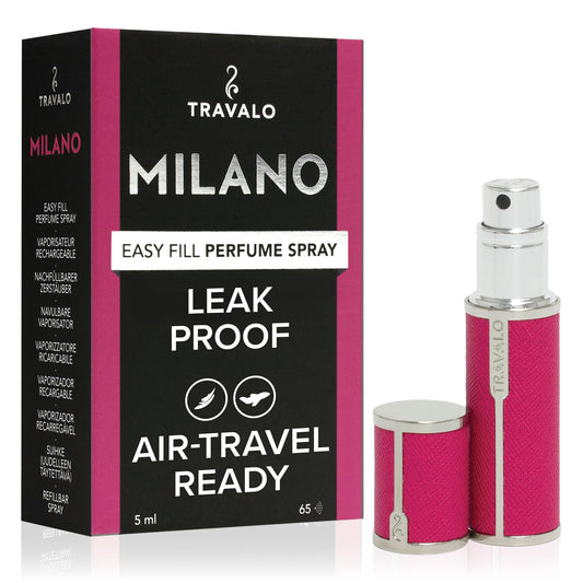 Travalo Milano Perfume Atomizer - Leak-Proof and TSA Approved for Air Travel - Reusable, Airtight, Easy Fill Mini Pump Sprayer - Lightweight Vegan Leather with Polished Metal Outer Shell - Hot Pink
