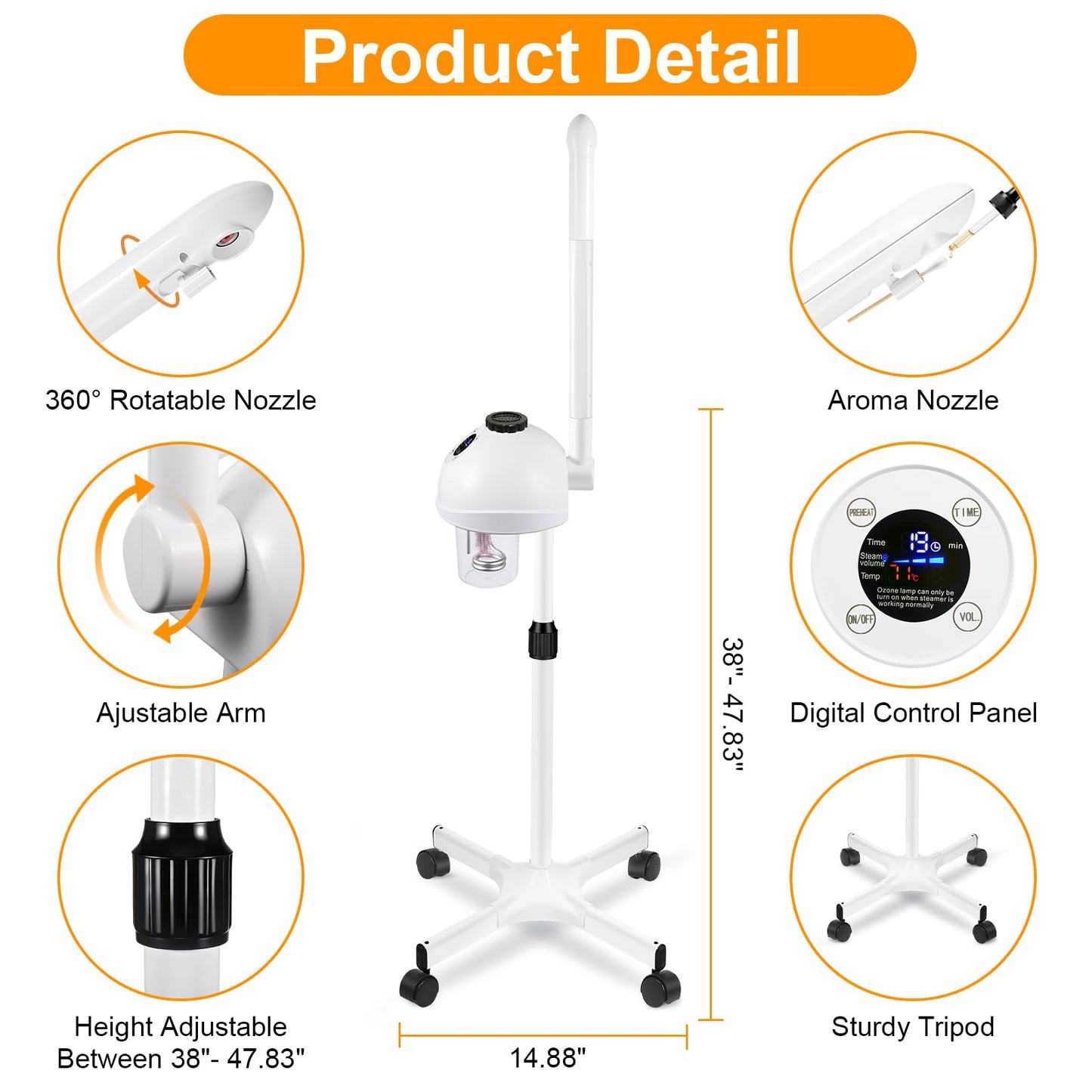 Professional Facial Steamer, Vaporizador Facial with Steam Adjustable & Timer, Movable Arm, Preheating Esthetician Steamer, Home Beauty Salon SPA