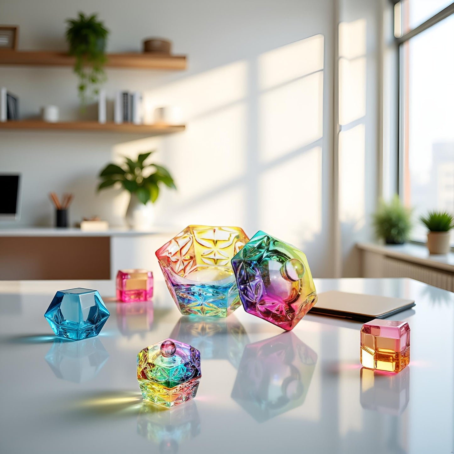 Pxiryanlow A Set of Multicolour Hexagonal Prism Crystal Glass Dish with Lid,Hexagonal Prism Crystal Cup Acrylic Liquids Powder Glass Dish With Lid Crystal Bowl For Salon and Home,Nail Art and Polish