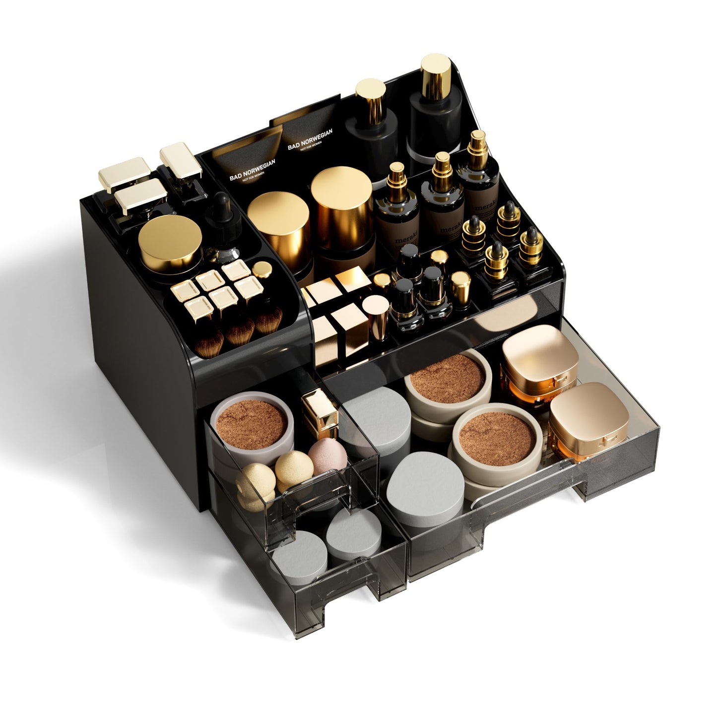Mriluvy Large Makeup Organizer for Vanity,Countertop Organizer with Drawers and Brush Holder,Men’s Cologne Organizer for Bathroom,Cosmetic Skin Storage for Lipsticks,Nail Polish & Shaving Lotion,Black