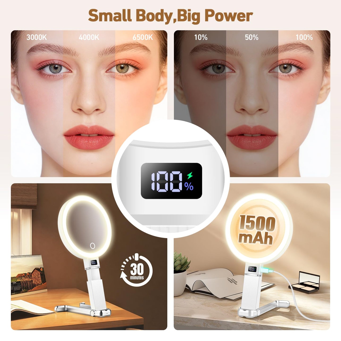 30X Travel Magnifying Mirror with Light, Height Adjustable Vanity Mirror with Phone Holder Stand, Portable Compact Handheld Makeup Mirror with Smart Display for Travel, Bedroom & Daily Makeup Use