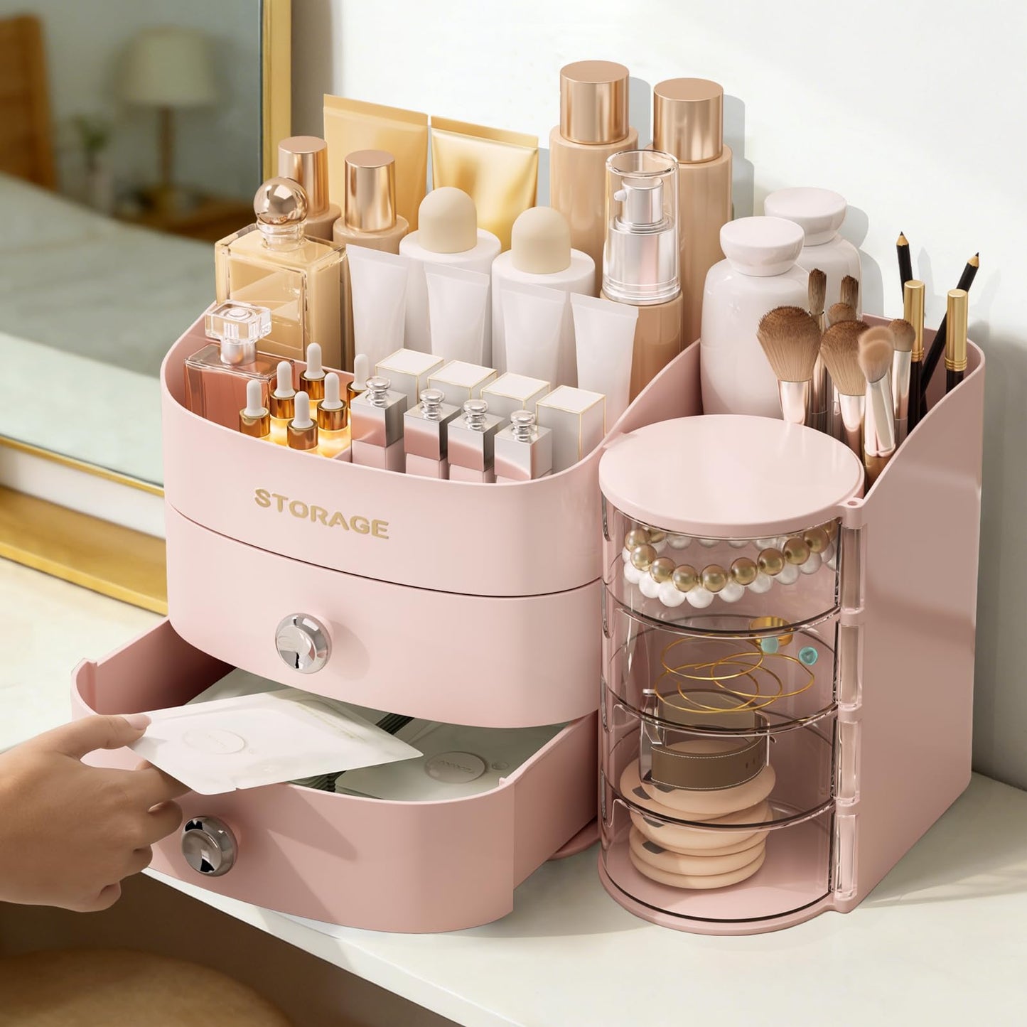XIAPIA Makeup Organizer Countertop, Make Up Organizer for Vanity, Skincare & Cosmetic Organizers with Drawers, Bathroom Organizers Storage for Brush Holder|Lipstick|Jewelry, Ideal Gift for Women PINK