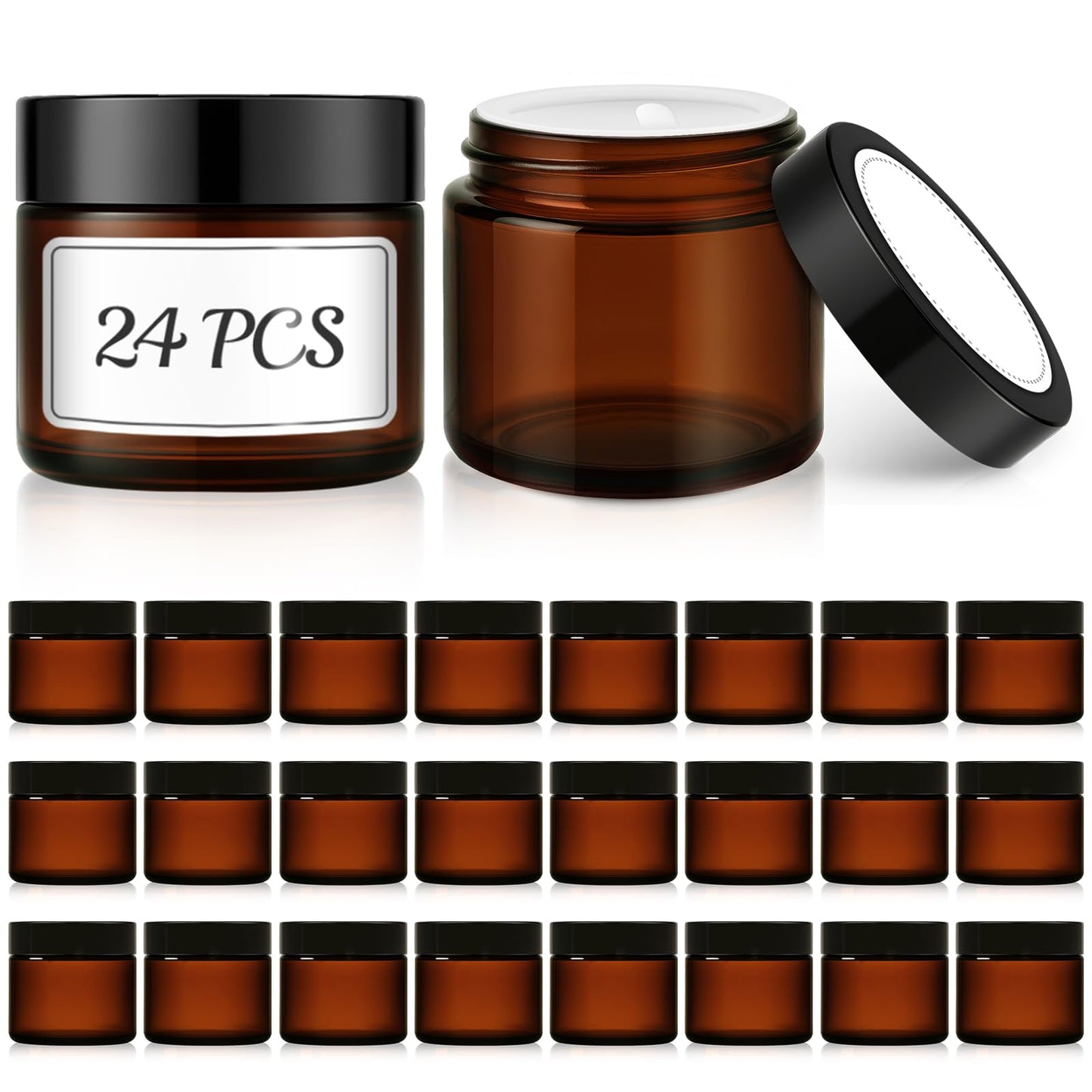 Bumobum 2 oz Small Glass Jars with Lids, 24 Pack Amber Glass Cosmetic Jars with Inner Liners, 60ml Round Empty Sample Containers for Lotion, Cream, Salve, Powders and Ointments Storage