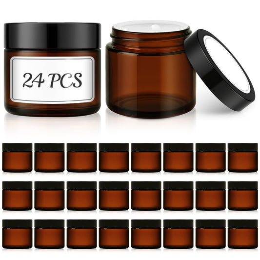Bumobum 2 oz Small Glass Jars with Lids, 24 Pack Amber Glass Cosmetic Jars with Inner Liners, 60ml Round Empty Sample Containers for Lotion, Cream, Salve, Powders and Ointments Storage
