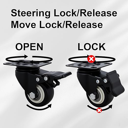 2 Inch Caster Wheels Set of 8, Heavy Duty Casters,with Brake,No Noise Locking Polyurethane (PU) Wheels, for Furniture and Workbench Load 800lbs