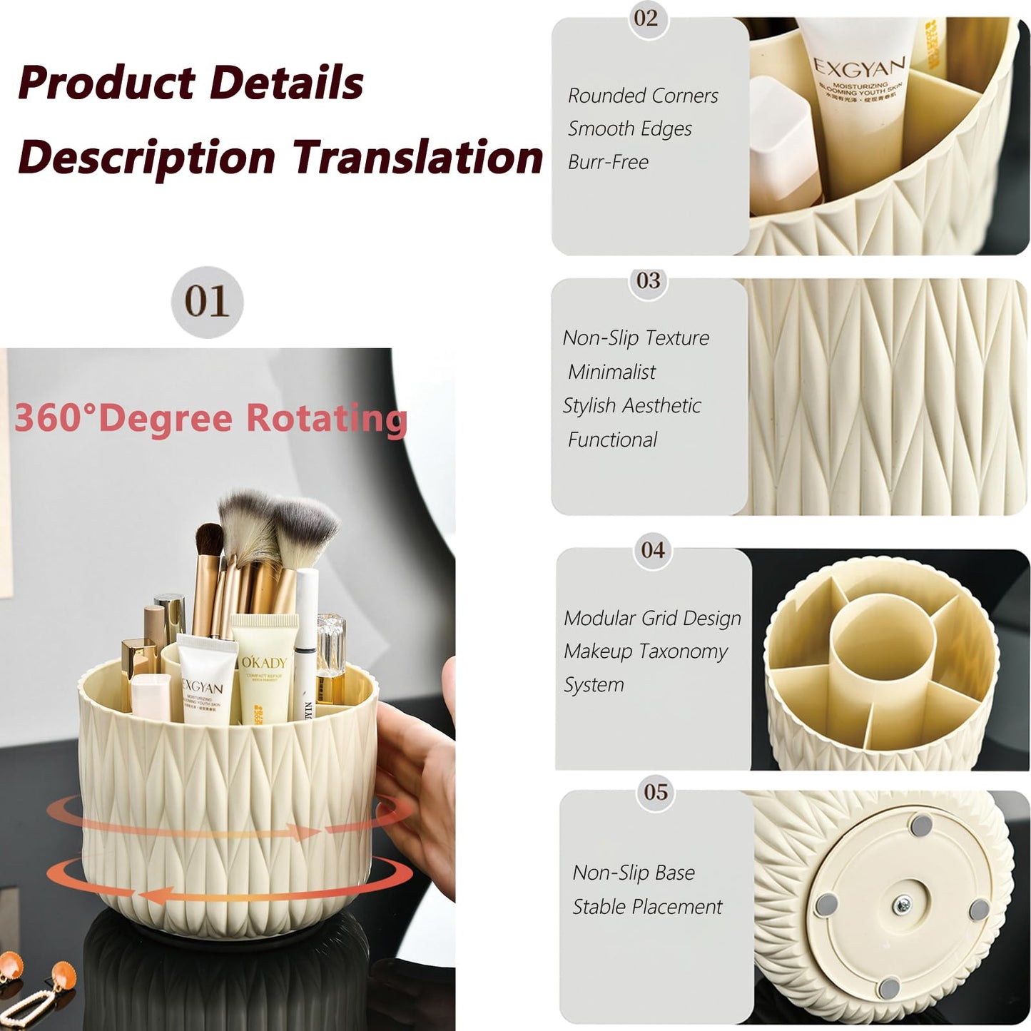 Yoohailor Rotating Makeup Brush Holder - Beige 5 Slot 360° Spinning Organizer for Vanity Desk, Cute Aesthetic Storage for Women, Multi-purpose Pen Pencil Caddy for Office Home Art Supplies