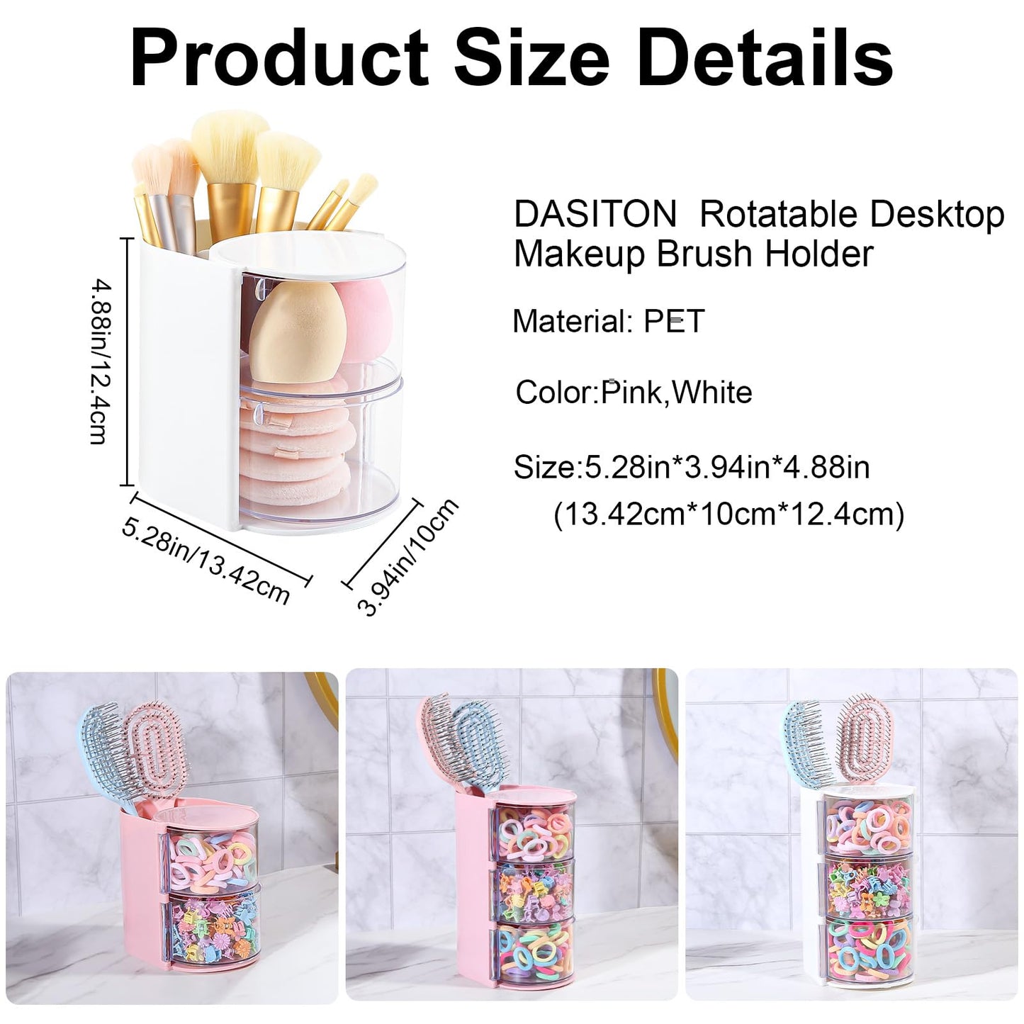 DASITON 2-Layer Makeup Brush Holder with Hair Accessories Organizer, Rotatable Desktop Organizer Case for Hair Clip, Makeup Sponge, Jewelry and Hair Accessories, Hair Brush Holder for Vanity (White)