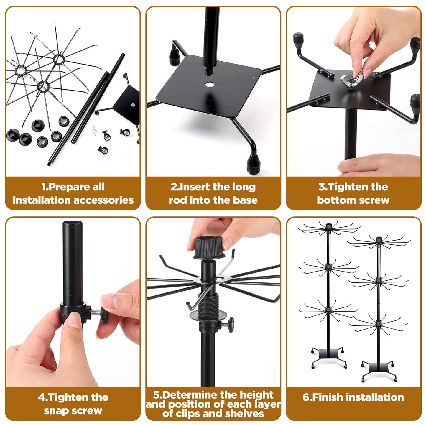 Nodaaiie 3 Tier 28.3 x 11.8 Inch Rotating Display Stand, Earring Display Rack, Black Metal Retail Display Stand with Hooks for Necklace, Bracelet, Earrings, and Keychains, Adjustable Height