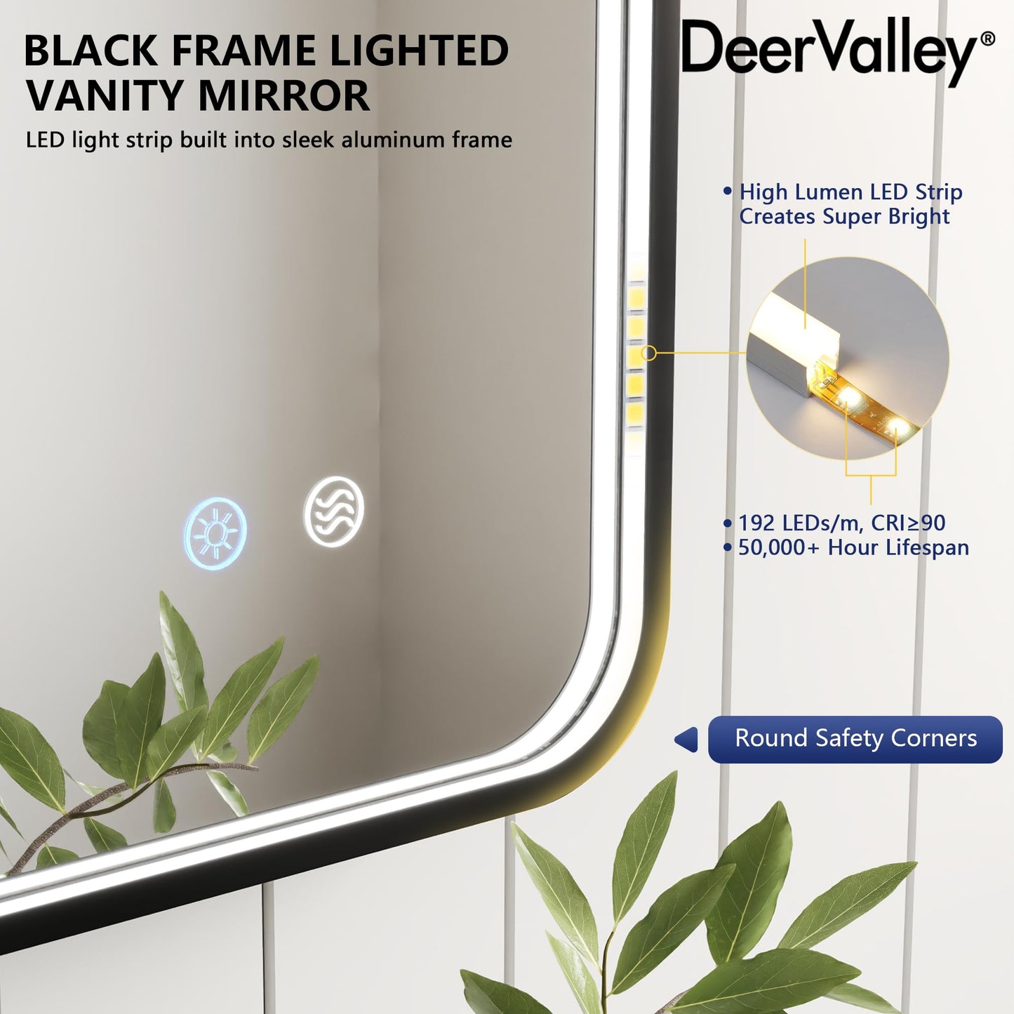 DeerValley 24"x 36" LED Bathroom Vanity Mirror, Wall Mounted Lighted Mirrors with Black Metal Frame, Anti-Fog, Memory Funtion, Stepless Dimmable Wall-Mounted Led Mirror for Bathroom
