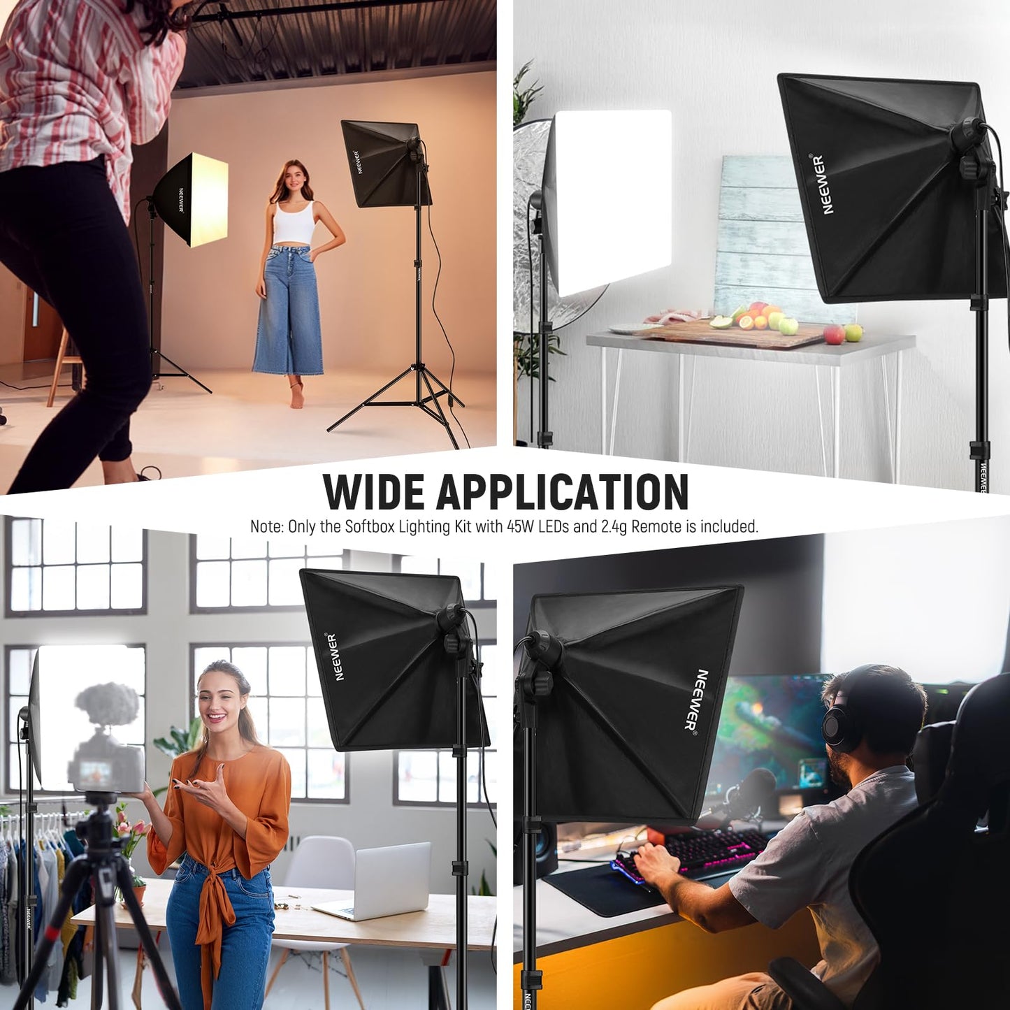 NEEWER 2Pcs 24"x24" 900W Equivalent Softbox Lighting Kit with Tripod Stands, 45W Bi Color 2.4G LED Bulbs, Remote, 10 Channels 2900K-7000K 1400lx/m CRI95, Photography Continuous Lighting Kit, NK103