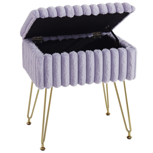 EBENCHICO Vanity Stool Chair with Storage, Faux Fur Stools for Vanity Makeup, Foot Stool Ottoman with 4 Metal Legs, Small Vanity Bench Seat Chairs for Living Room Bedroom