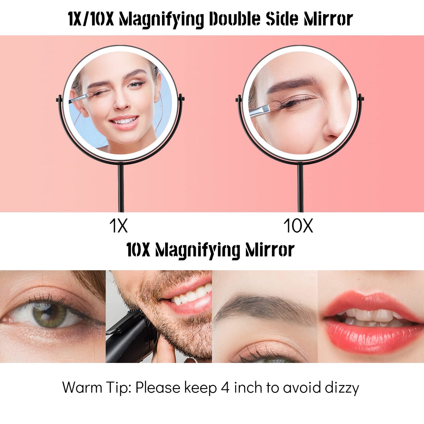 WIZCHARK 8” Lighted Makeup Mirror, 1X 10X Magnifying Mirror with Light, Double Sided Vanity Mirror with Lights, 3 Color LED Dimmable 2000mAh Rechargeable Black