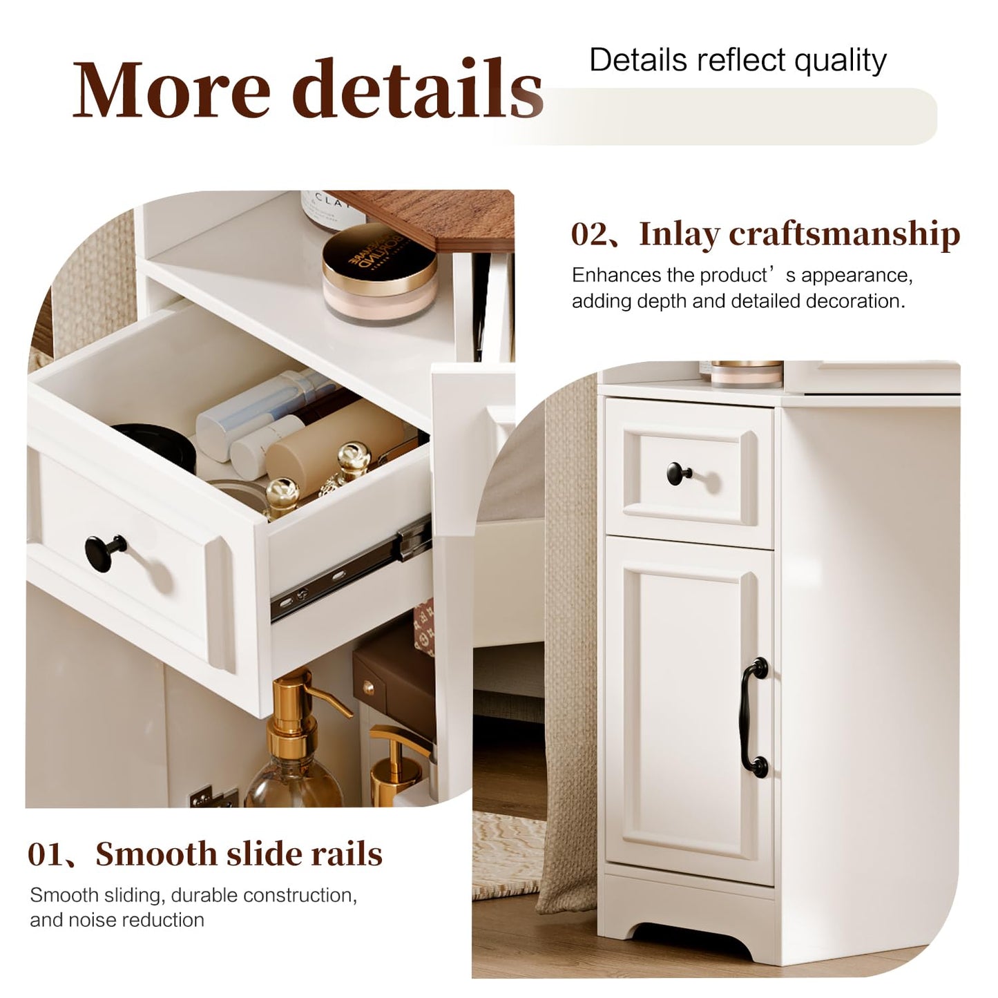 GRUTEUNIT Corner Vanity Desk with Mirror and Lights,Makeup Vanities with Power Outlet and 6 Drawers, 3 Light Settings, Dimmable for Women Girls, Bedroom, White