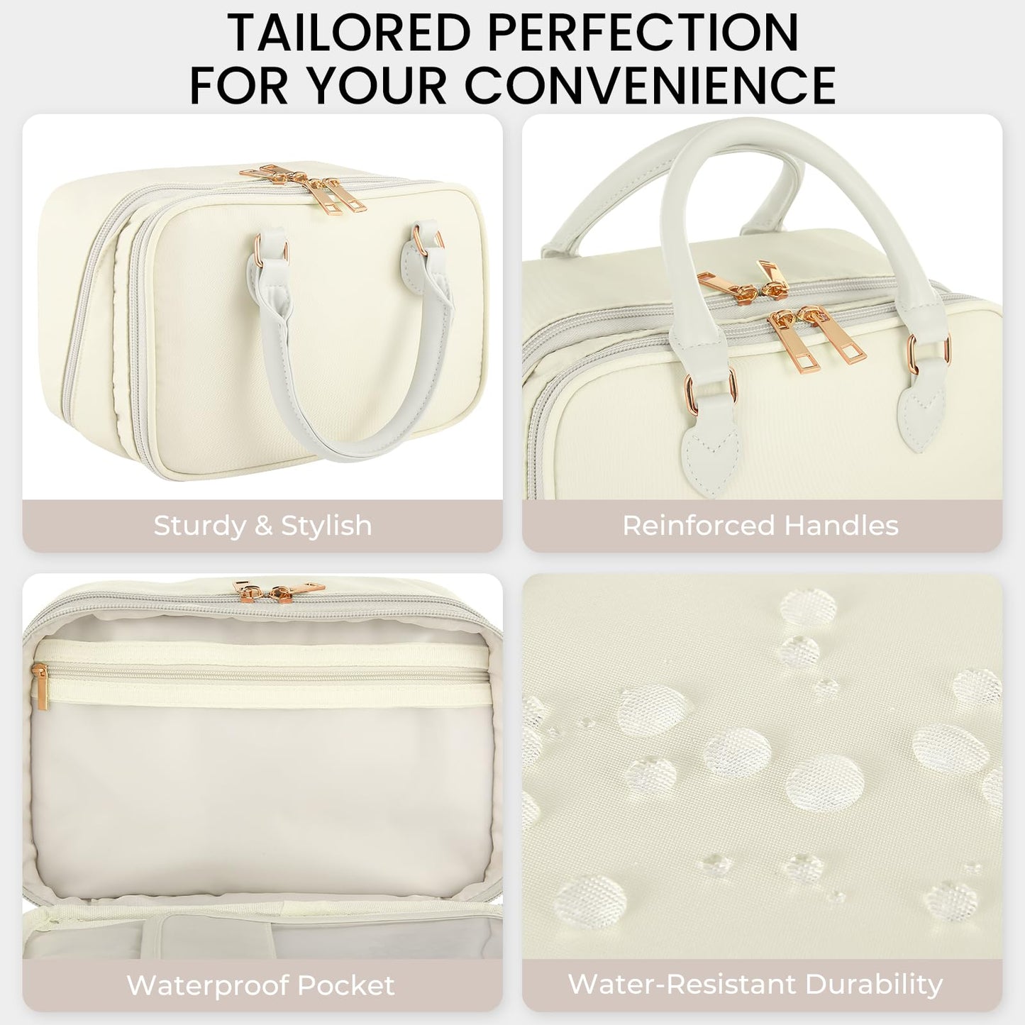 Travel Makeup Bag for Women Fashion Large Capacity Pouch Open Flat Cosmetic Portable Organizer Waterproof Large Opening Storage Toiletry Bags Vertical Free-Standing Brush Holder for Easy Access Beige