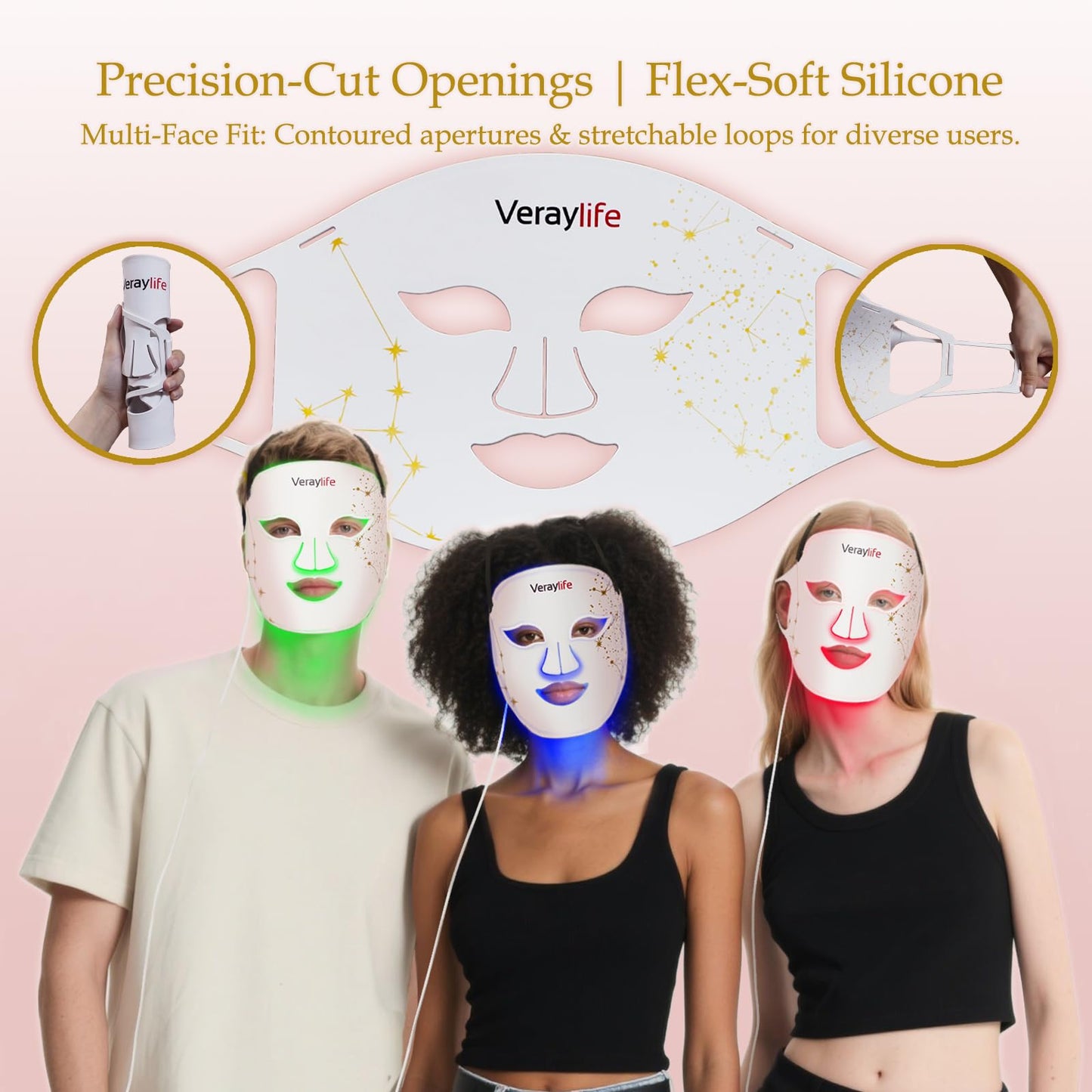 Veraylife Red Light Therapy for Face, 7 Colors & 8 Modes Red Light Mask with 850nm NIR, 3000mAh Rechargeable Led Face Mask Light Therapy, 432 Beads Pro LEDs Mask at Home (White)