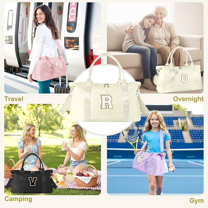 Dance Gym Duffel Bag for Teen Girls, Personalized Initial Travel Weekender Bag,Cute Overnight Carry On Duffle for Women,Sports Travel Cheer Bag,Monogram Christmas Gifts for Tween Preppy(beige-R)