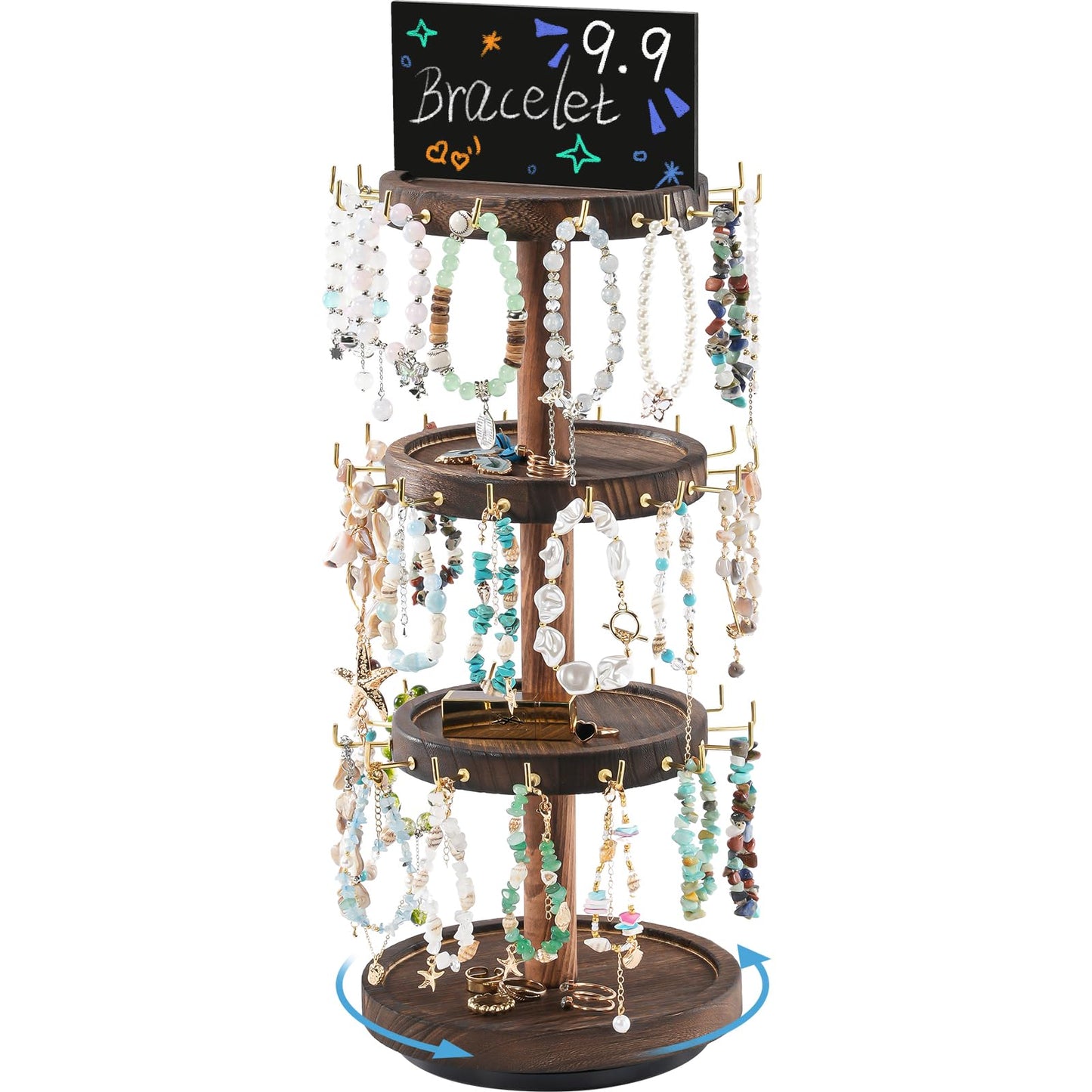 Lolalet 4 Tier Bracelet Holder, Wooden Rotating Bangle Display Stand with 42 Hooks and Tray Base, 360 Degrees Rotatable Rustic Tree Storage for Bracelets Key Chains Small Accessories -Darkbrown