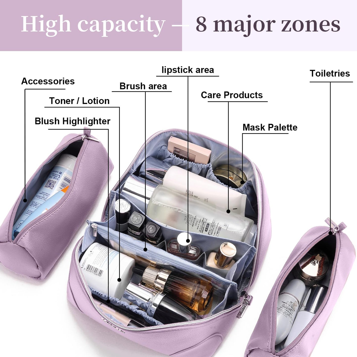 BOYATU Travel Makeup Bag Cosmetic Bags for Women: 3 Pcs Set Large Capacity Make up Bag with Handle - Waterproof Vegan Leather Toiletry Bags Travel Essentials with Compartments(C-4-Purple)