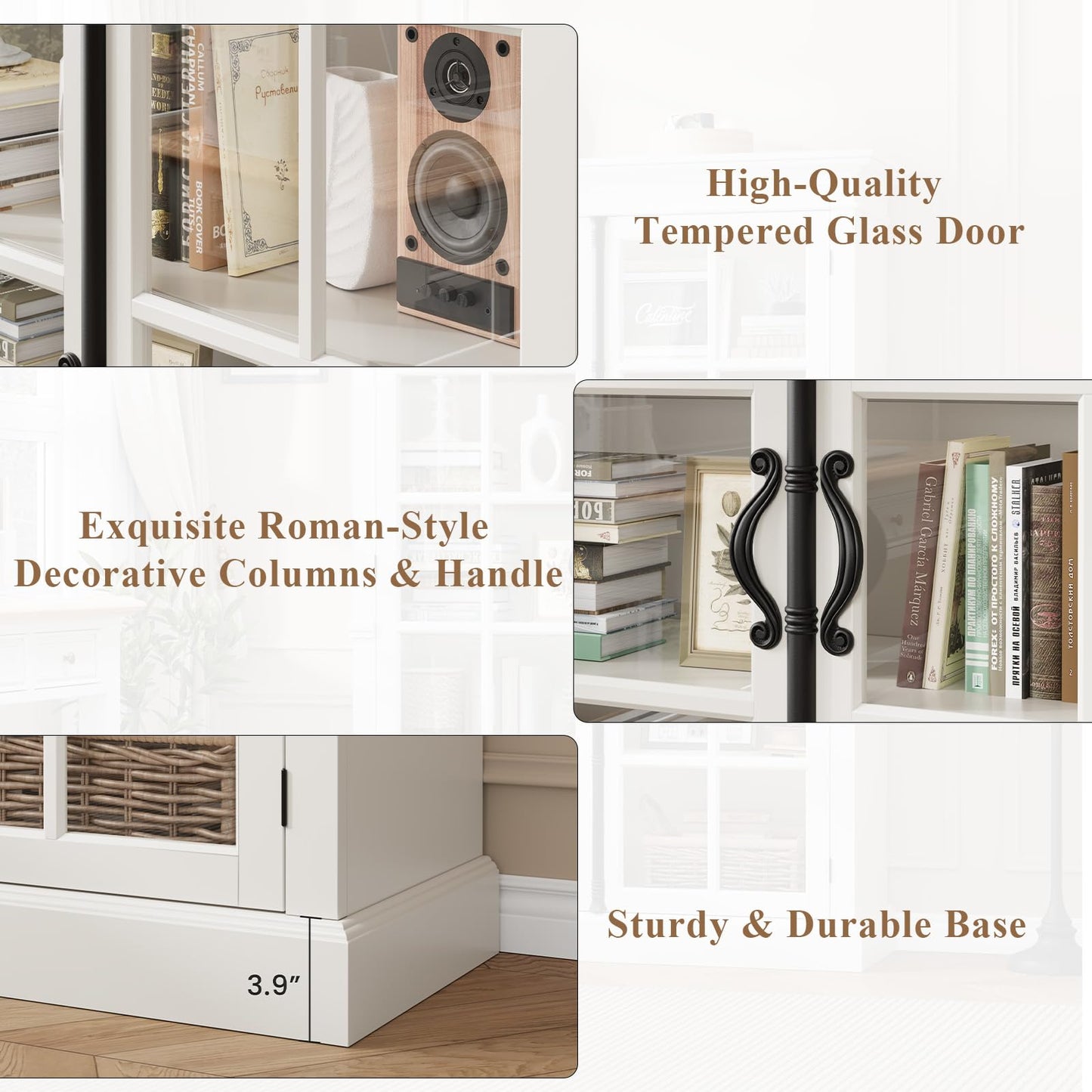 QUW Modern 65" Display Cabinet, 5-Tier Bookcase with Tempered Glass Door, Farmhouse Curio Cabinet with Adjustable Shelves, Tall Storage Cabinet for Office, Kitchen, Living Room, White