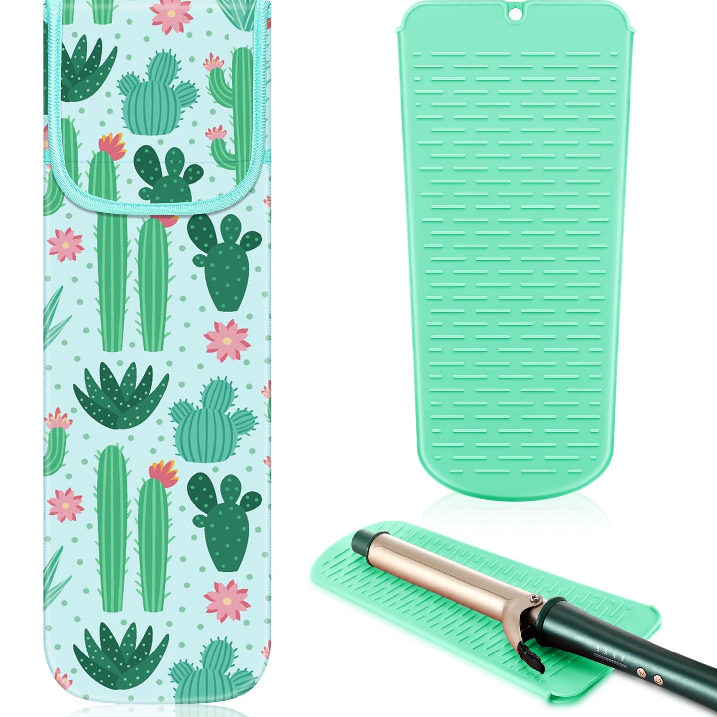Shappy 2 Pcs Heat Resistant Hair Tools Bag Curling Iron Travel Case Cover Neoprene Flat Iron Holder Travel Case and Silicone Mat Pouch for Hot Hair Tools Storage Organizer(Cactus Style)