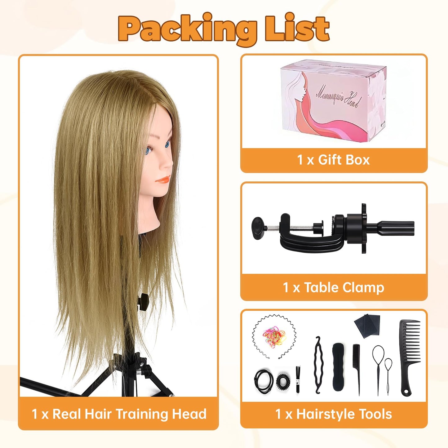 90% Real Hair Mannequin Head, Cenoz 26" Hairdresser Cosmetology Training Head with Stand and Tool, Manikin Training Practice Head, Doll Head for Hair Styling (Brown)