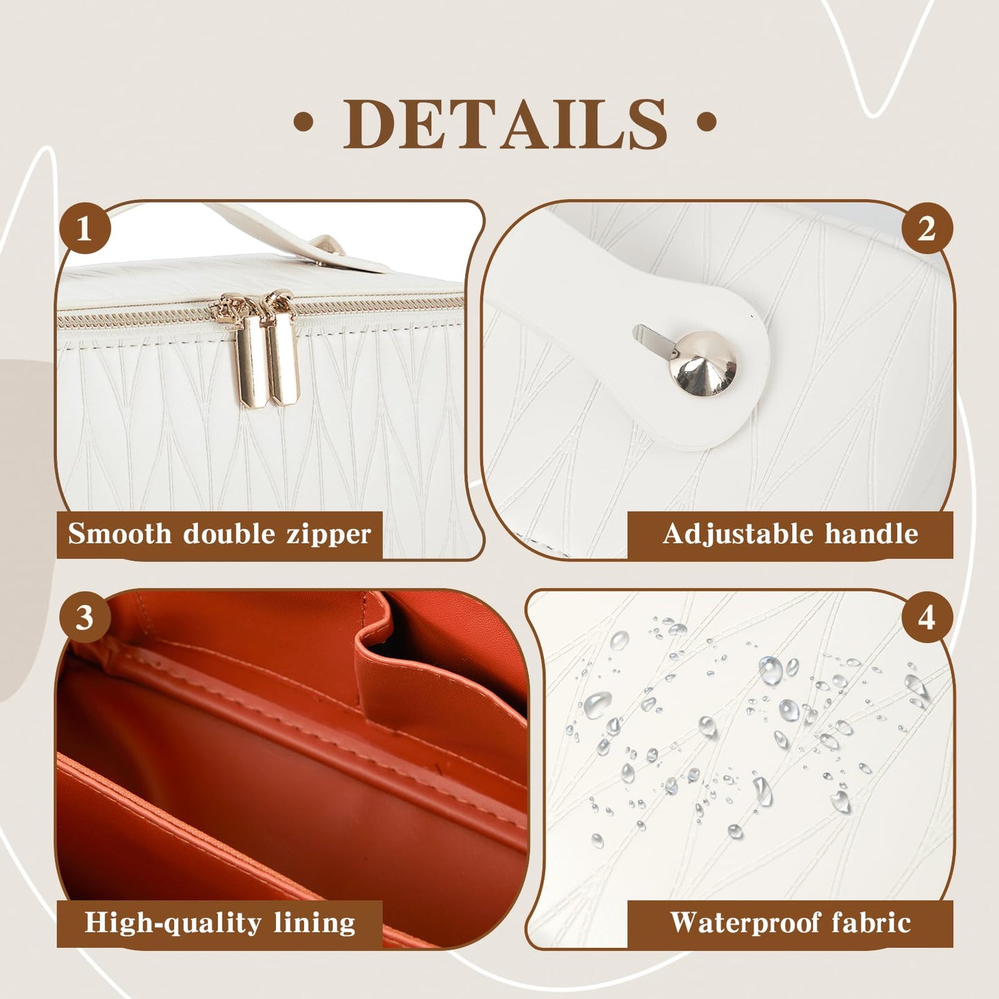 IDELCHOIS Travel Makeup Bag Large Capacity Cosmetic Bags for Women, Waterproof Toiletry Bag Open Flat Makeup Bag with Compartments and Handle, Portable Cosmetic Organizer Pouch, Wheat-White