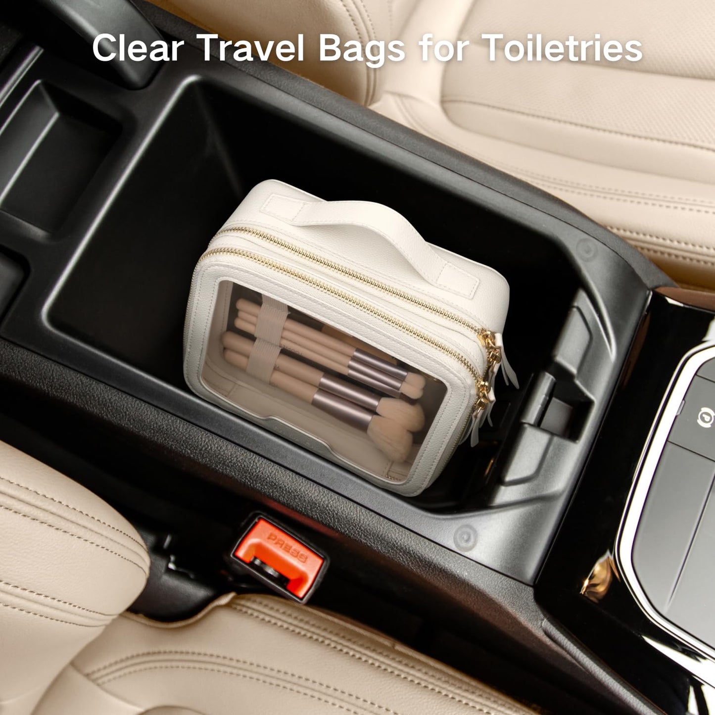 PACKISM Double Layer Clear Makeup Bag - Pebbled Texture & Hard PU Leather Car Bag Organizer for Car Essentials, with Message Card Travel Cosmetic Bag for Women Gift (Cream 2 Layer)