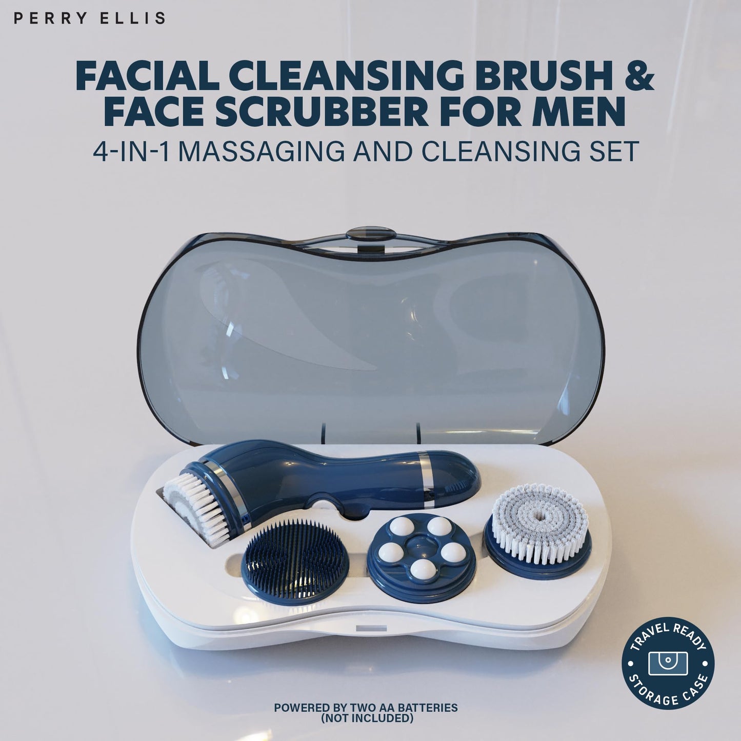 Perry Ellis 4-in-1 Cordless Massage and Cleansing Set with 4 Brush Heads, Exfoliating Face Scrubber with Massager, Rotating Scrub Brush, Facial Skincare Products, Carrying Case for Travel Included