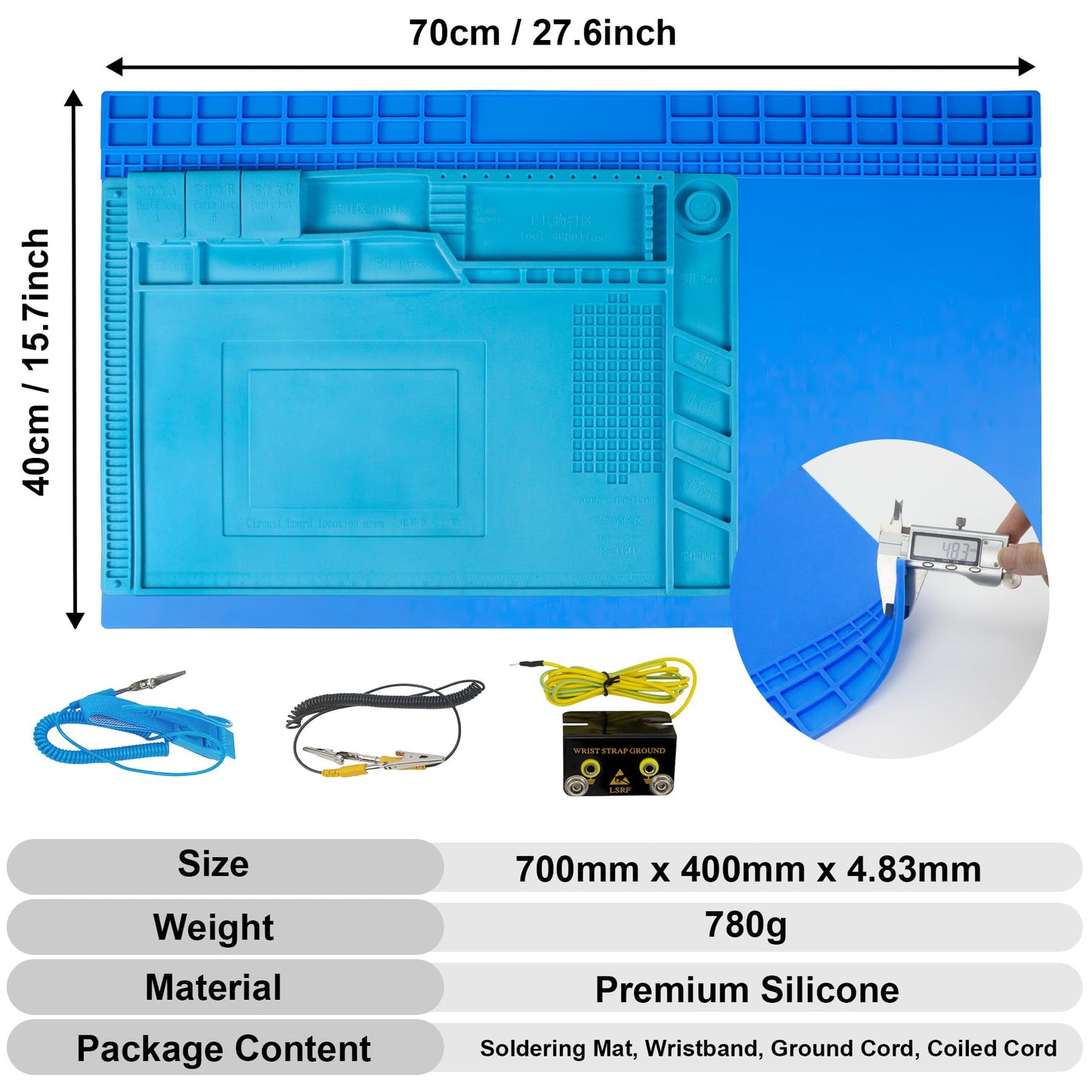 27.6'' x 15.7'' Extra Large Soldering Mat with ESD Wrist Strap and Grounding Accessories 932°F Heat Resistant Silicone Repair Mat Oversized Work Mat for Electronics Cellphone Laptop Repair (Blue)