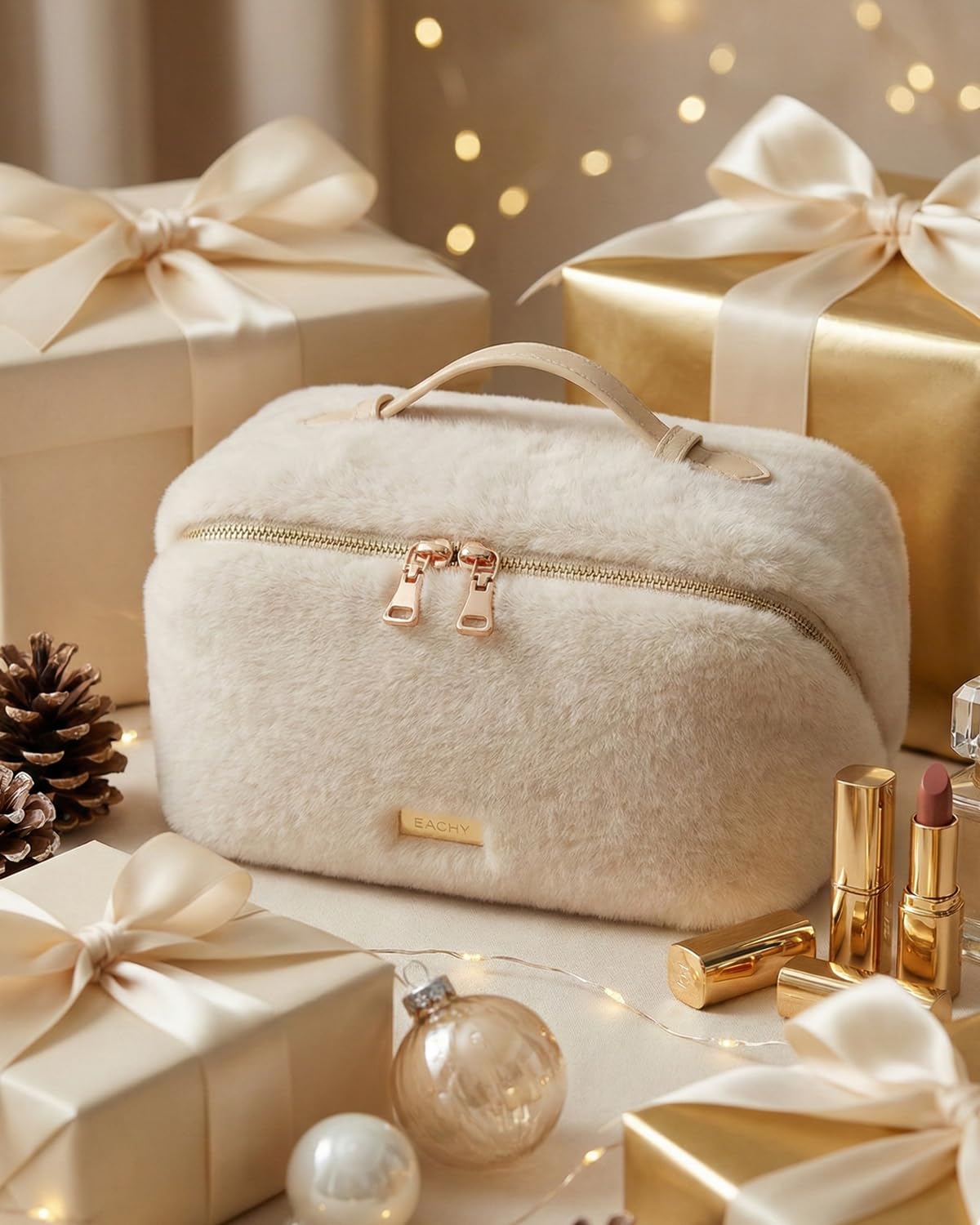 EACHY Travel Makeup Bag,Cute Faux Fur Cosmetic Bag for Women,Portable 180°Wide-Open Flat Make Up Bag,Large Capacity Makeup Pouch Make Up Organizer with Divider and Handle