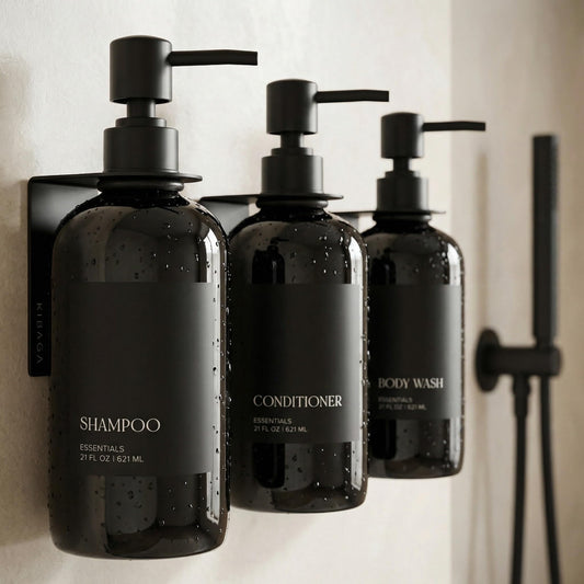 Stylish Shampoo and Conditioner Dispenser Set of 3 for Wall Mount - Modern Drill Free 21oz Shower Soap Bottles with Labels - Easy Refill Body Wash Dispensers for an Instant Bathroom Decor Upgrade