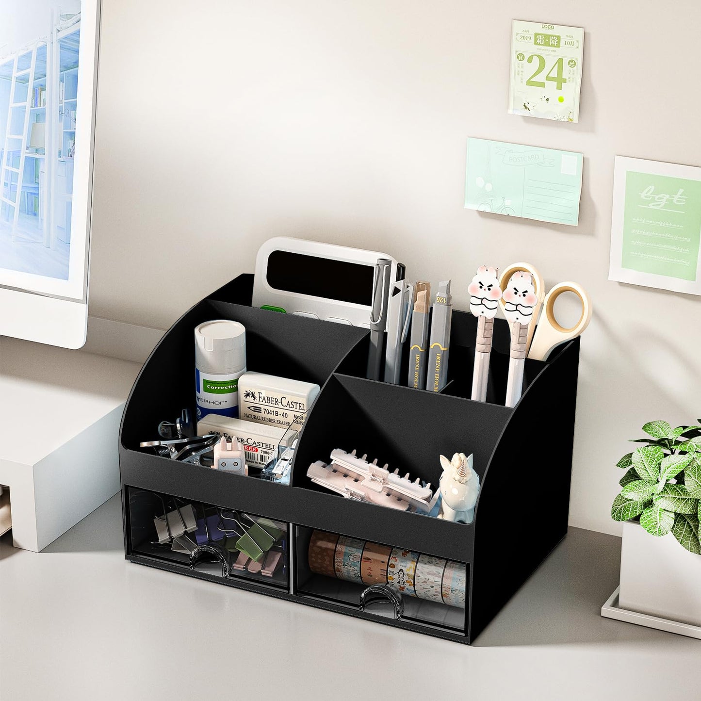 COMFYROOM Desk Organizer with 6 Compartments and 2 Drawers, Plastic Makeup Organizer, Pen Holder for Desktop Storage, Desk Organization for School, Home, Office Supplies Black-2Pack
