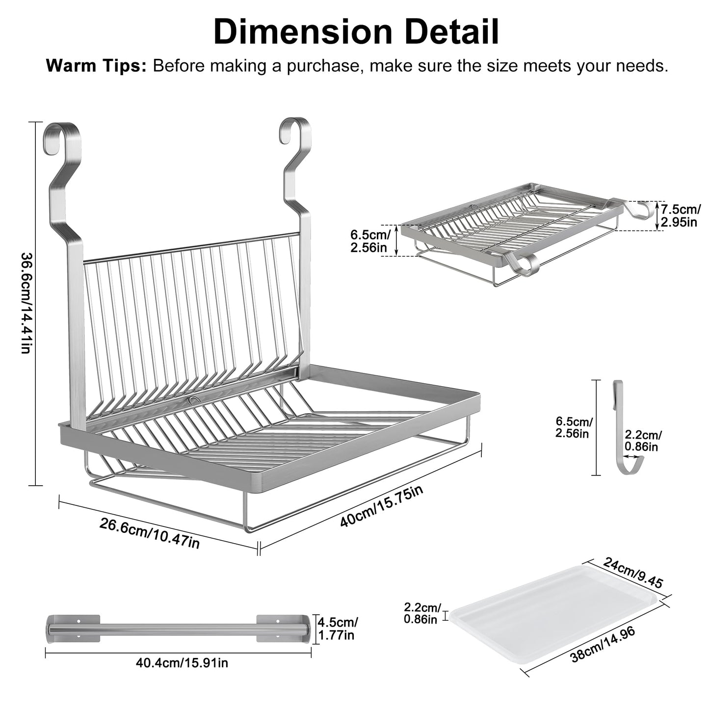 TQVAI Over Sink Dish Drainer Drying Rack, Stainless Steel Foldable Wall Mounted Dish Racks with Drainboard Hanging Rod and Sponge Holder, Silver