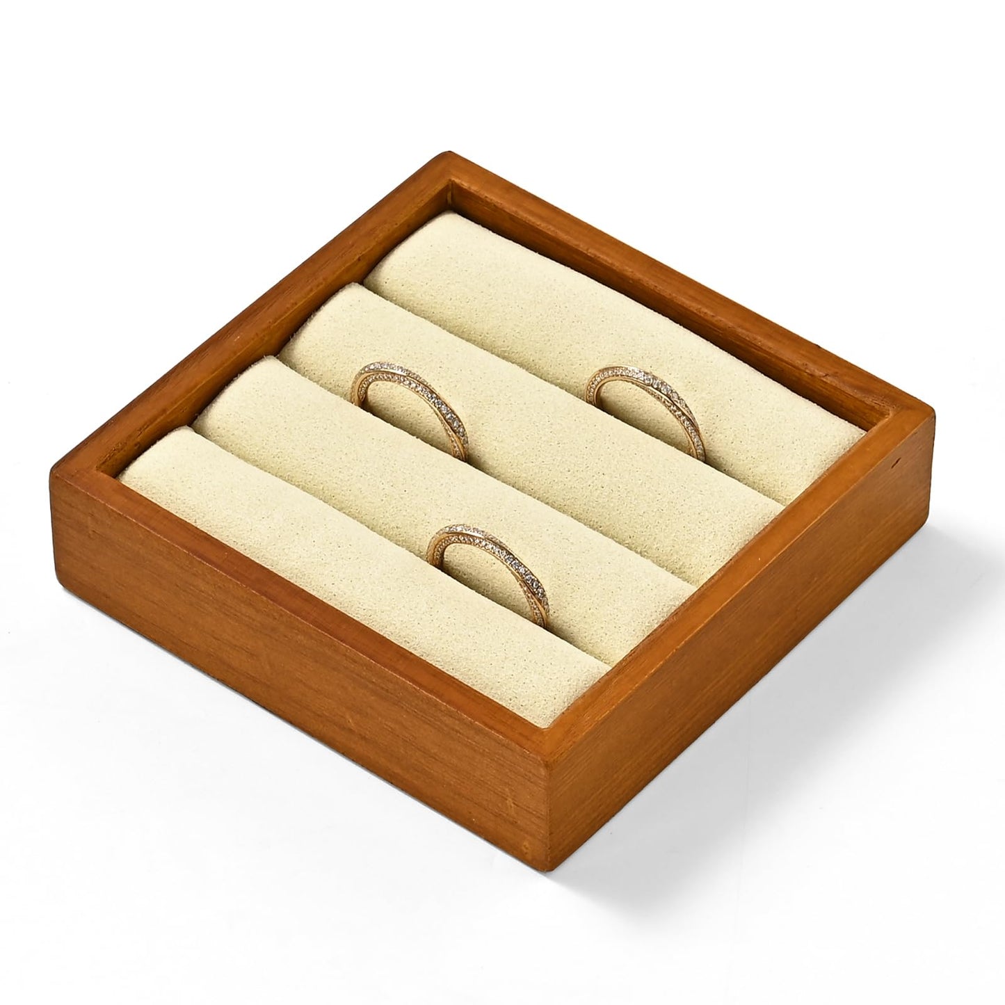 Woodten Solid Wood 3-Slots Jewelry Ring Display Tray Showcase Small Jewelry Display Organizer Tray for Rings(S,Beige)