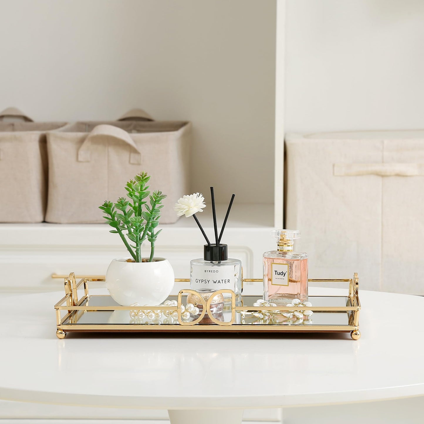 HAIGOUER Large Gold Mirrored Tray for Makeup Vanity, 14x10 Entire Length Perfume Organizer for Dresser Top, Elegant Decorative Countertop Storage