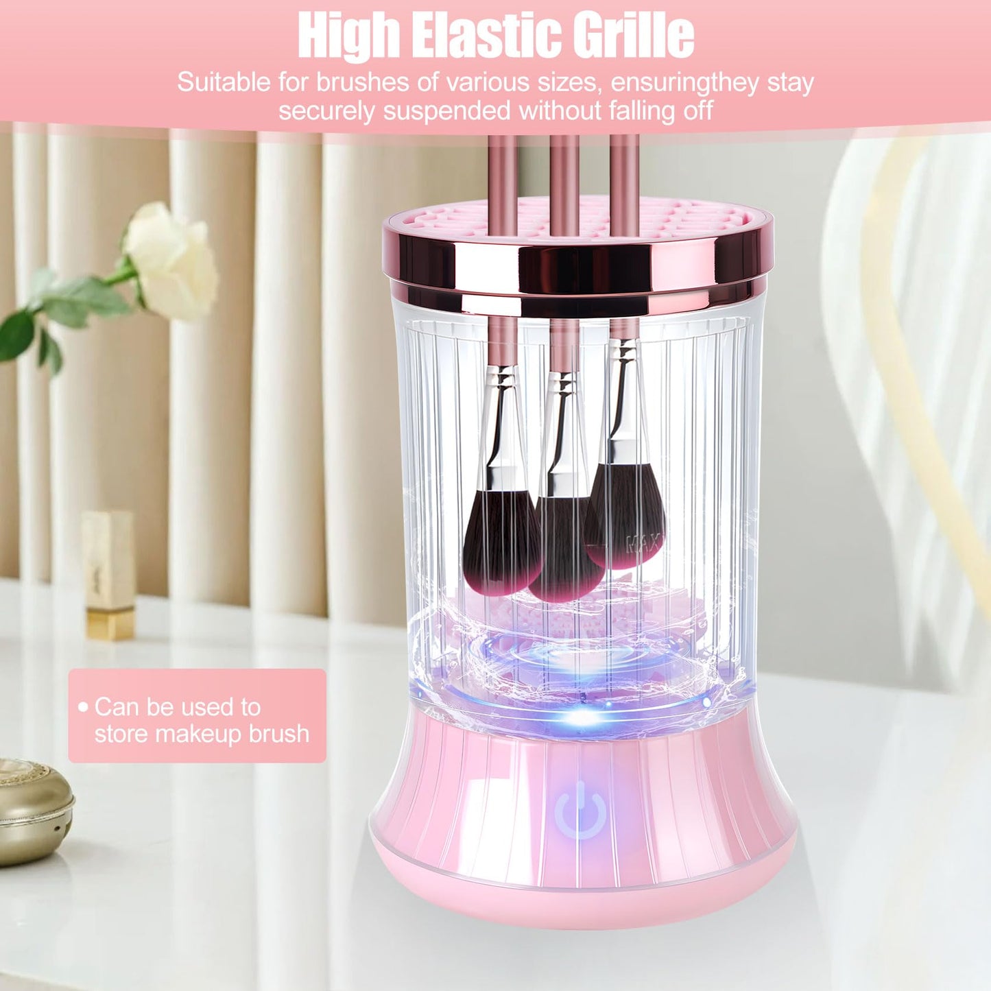 Electric Makeup Brush Cleaner Machine, USB Powered Automatic Spinning Makeup Brush Cleaner with 2 Cleaning Modes, Portable Brush Cleaner for Deep Cleaning Cosmetic Brushes, Pink